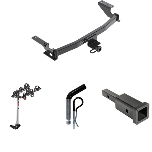 Fits 2017-2023 Mazda CX-5 Trailer Hitch Tow PKG w/ Hitch Adapter 1-1/4" to 2" Receiver + 1/2" Pin & Clip + 4 Bike Carrier Rack (Excludes: Diesel Engine Models) By Draw-Tite