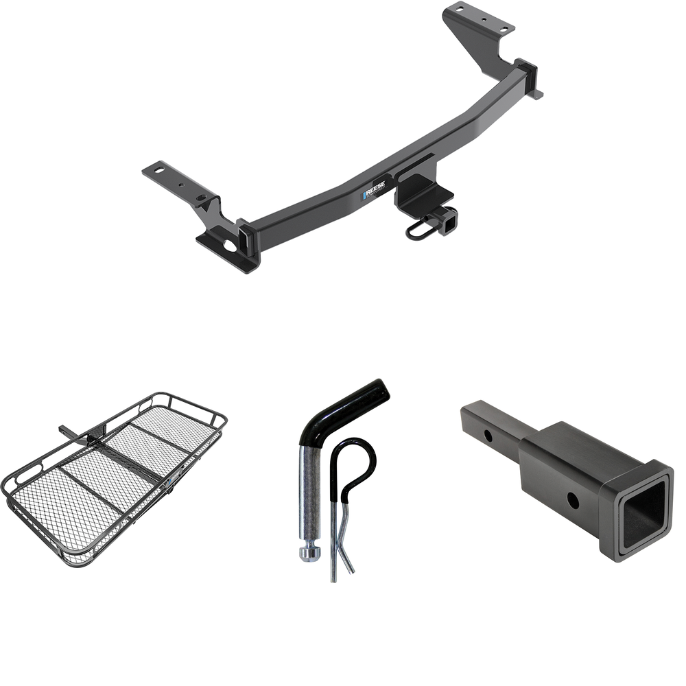 Fits 2017-2023 Mazda CX-5 Trailer Hitch Tow PKG w/ Hitch Adapter 1-1/4" to 2" Receiver + 1/2" Pin & Clip + 60" x 24" Cargo Carrier Rack (Excludes: Diesel Engine Models) By Reese Towpower