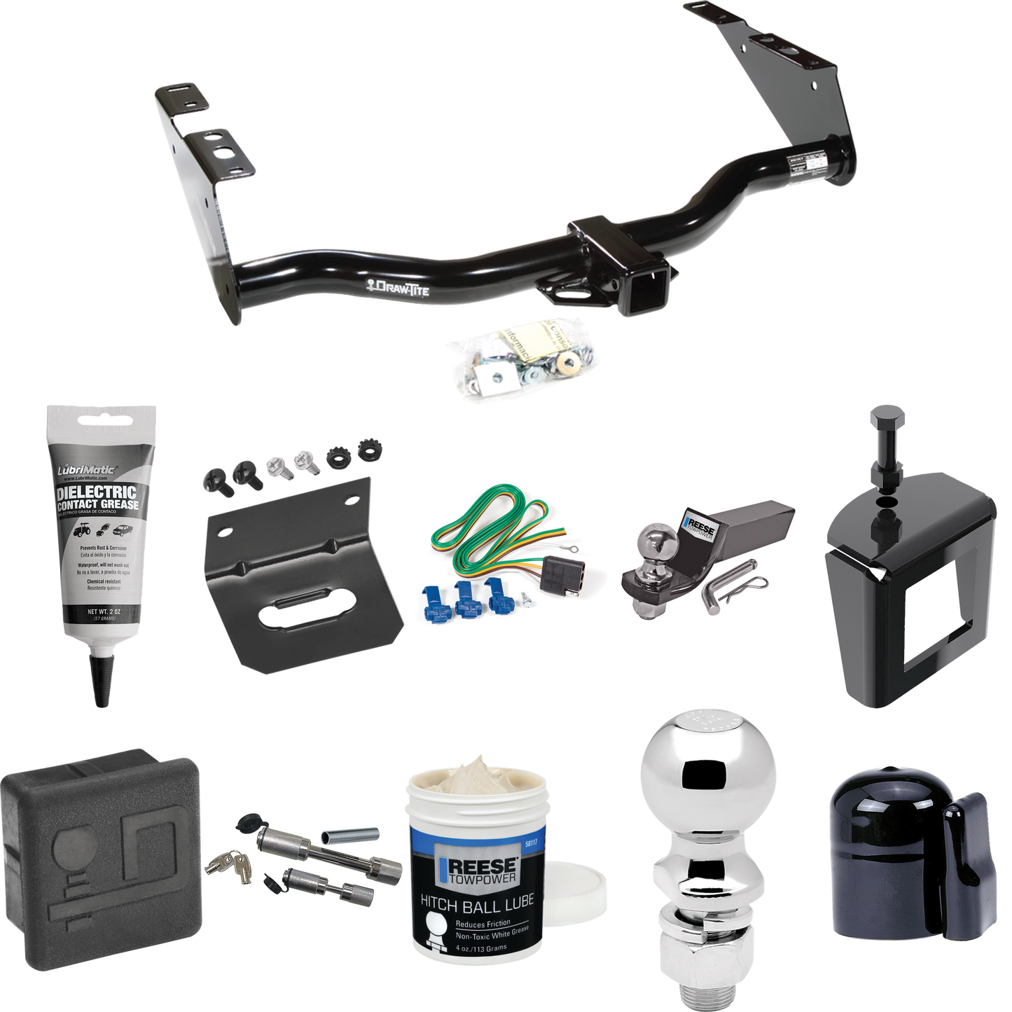 Fits 2004-2007 Chrysler Town & Country Trailer Hitch Tow PKG w/ 4-Flat Wiring + Starter Kit Ball Mount w/ 2" Drop & 2" Ball + 2-5/16" Ball + Wiring Bracket + Dual Hitch & Coupler Locks + Hitch Cover + Wiring Tester + Ball Lube +Electric Grease + Ball