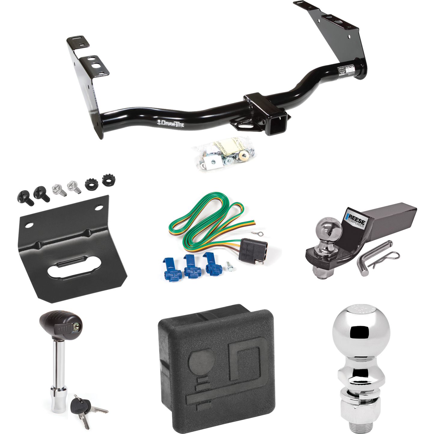 Fits 2004-2007 Dodge Caravan Trailer Hitch Tow PKG w/ 4-Flat Wiring + Starter Kit Ball Mount w/ 2" Drop & 2" Ball + 2-5/16" Ball + Wiring Bracket + Hitch Lock + Hitch Cover (Excludes: w/Stow & Go Seats Models) By Draw-Tite