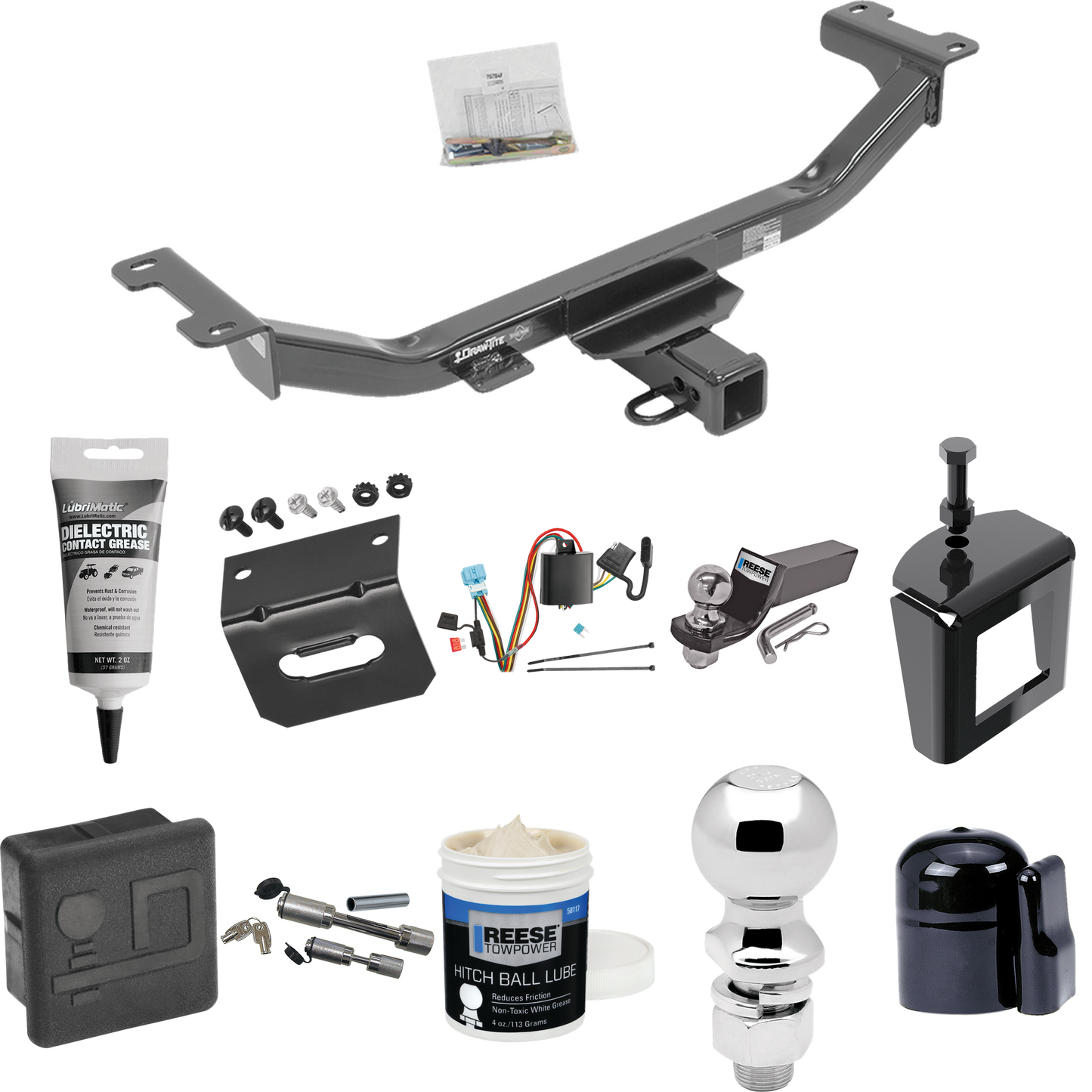 Fits 2010-2012 Acura RDX Trailer Hitch Tow PKG w/ 4-Flat Wiring + Starter Kit Ball Mount w/ 2" Drop & 2" Ball + 2-5/16" Ball + Wiring Bracket + Dual Hitch & Coupler Locks + Hitch Cover + Wiring Tester + Ball Lube +Electric Grease + Ball Wrench + Anti