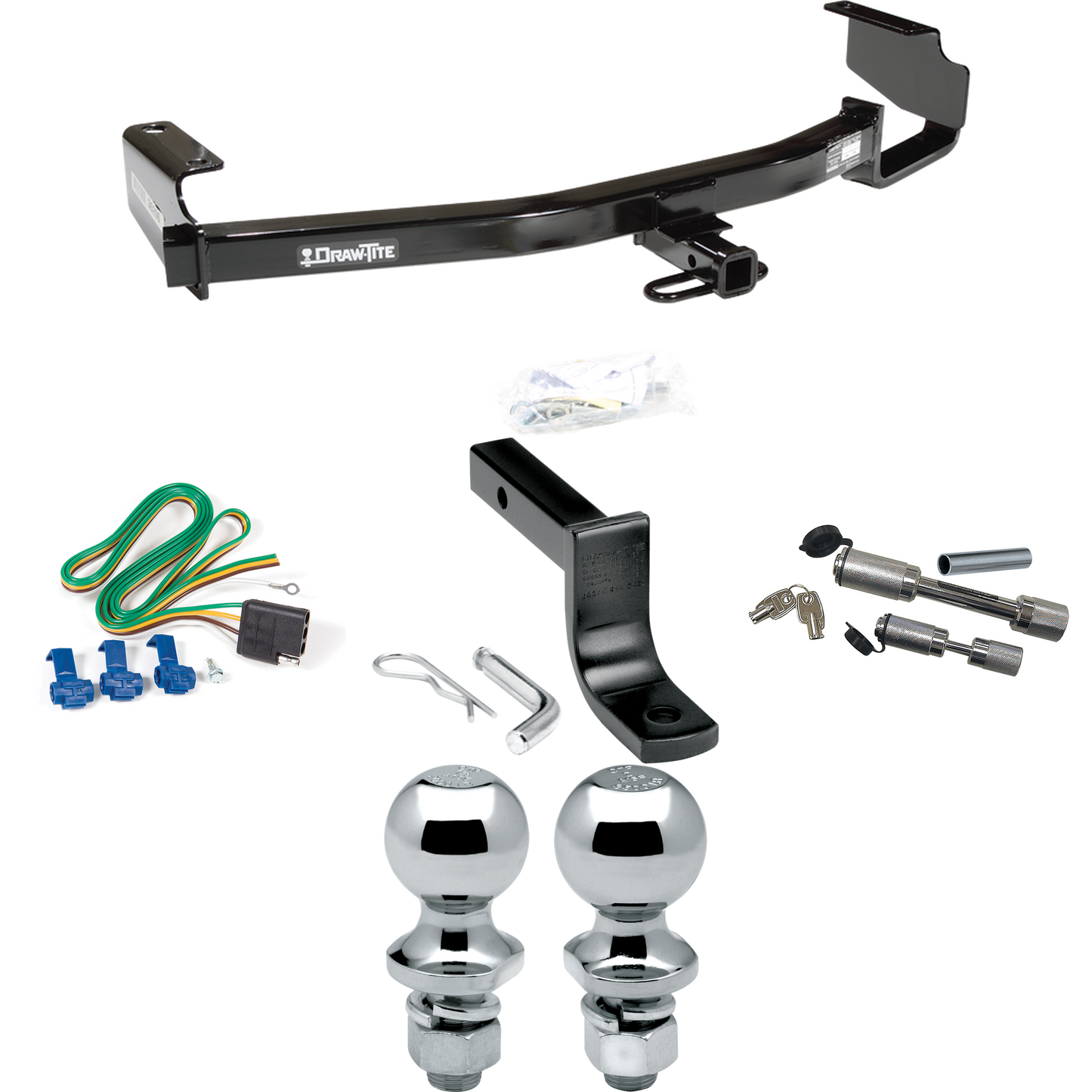 Fits 2004-2007 Dodge Grand Caravan Trailer Hitch Tow PKG w/ 4-Flat Wiring Harness + Draw-Bar + 1-7/8" + 2" Ball + Dual Hitch & Coupler Locks (Excludes: w/Stow & Go Seats Models) By Draw-Tite