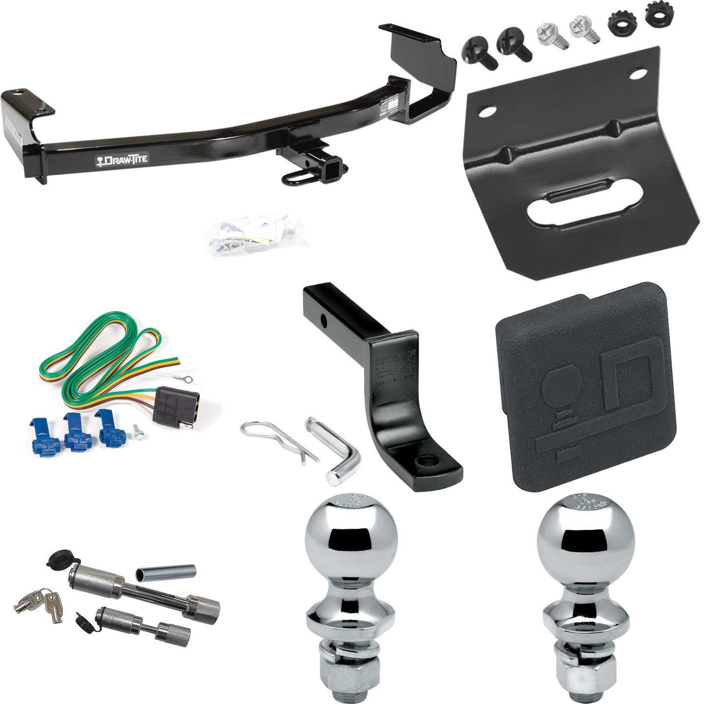 Fits 2004-2007 Chrysler Town & Country Trailer Hitch Tow PKG w/ 4-Flat Wiring Harness + Draw-Bar + 1-7/8" + 2" Ball + Wiring Bracket + Hitch Cover + Dual Hitch & Coupler Locks (Excludes: w/Stow & Go Seats Models) By Draw-Tite