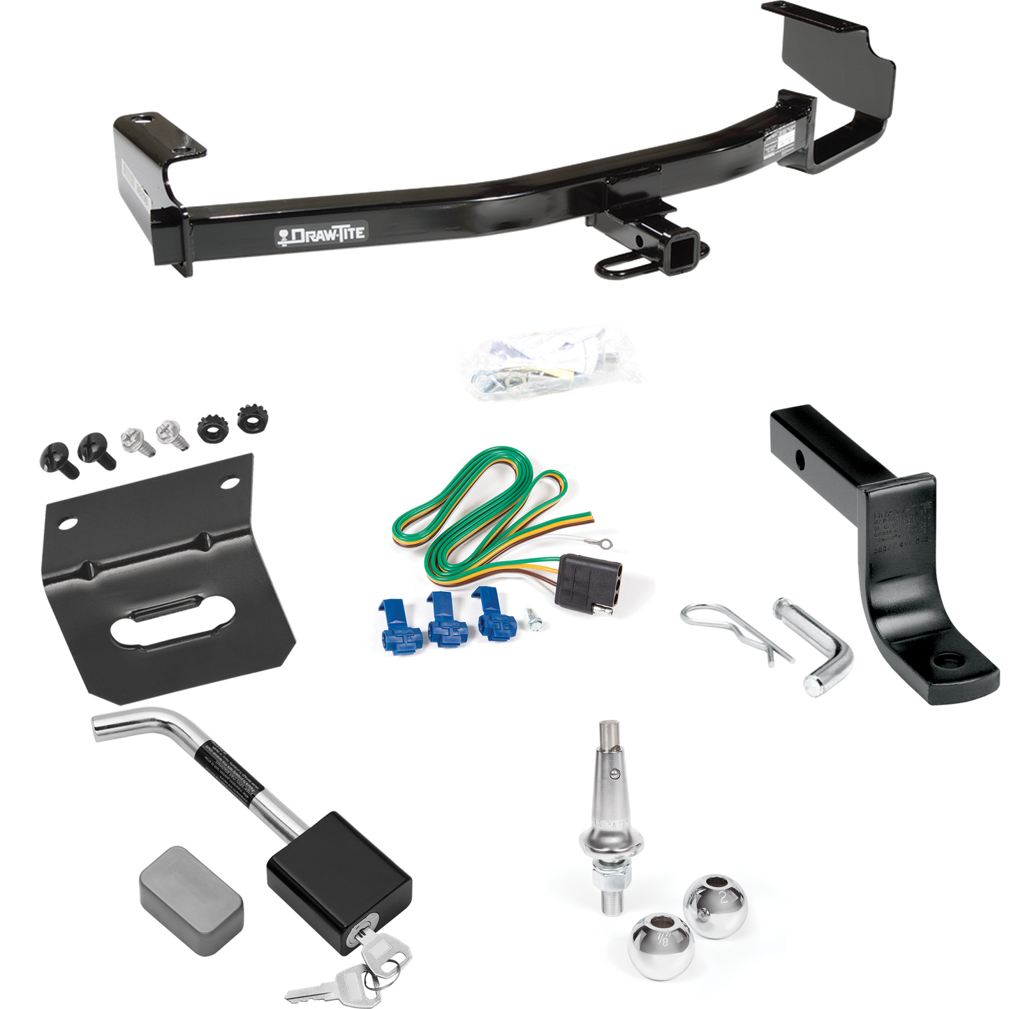 Fits 2004-2007 Dodge Grand Caravan Trailer Hitch Tow PKG w/ 4-Flat Wiring Harness + Draw-Bar + Interchangeable 1-7/8" & 2" Balls + Wiring Bracket + Hitch Lock (Excludes: w/Stow & Go Seats Models) By Draw-Tite