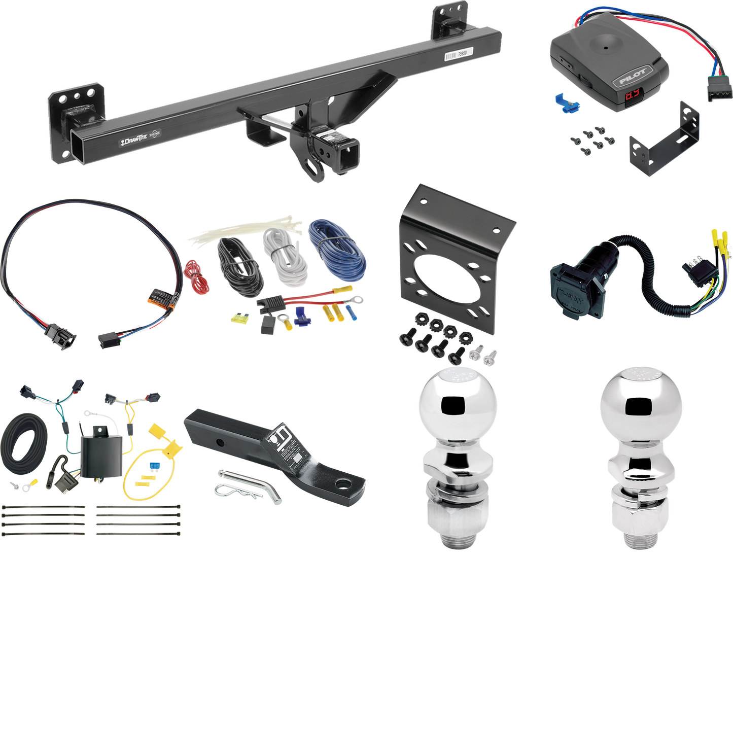 Se adapta al paquete de enganche de remolque Volkswagen Touareg 2011-2017 con control de freno piloto Pro Series + adaptador BC Plug &amp; Play + cableado RV de 7 vías + soporte de bola y caída de 2" y 2-5/16" de Draw-Tite