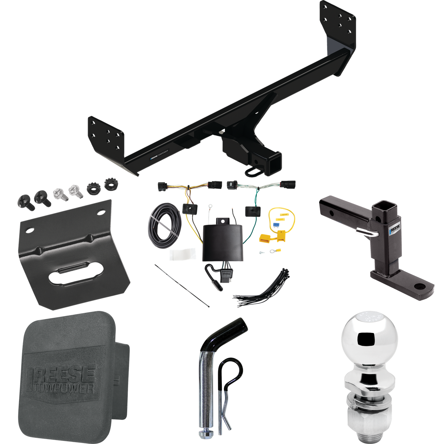 Fits 2021-2023 Genesis GV80 Trailer Hitch Tow PKG w/ 4-Flat Wiring + Adjustable Drop Rise Ball Mount + Pin/Clip + 2" Ball + Wiring Bracket + Hitch Cover By Reese Towpower