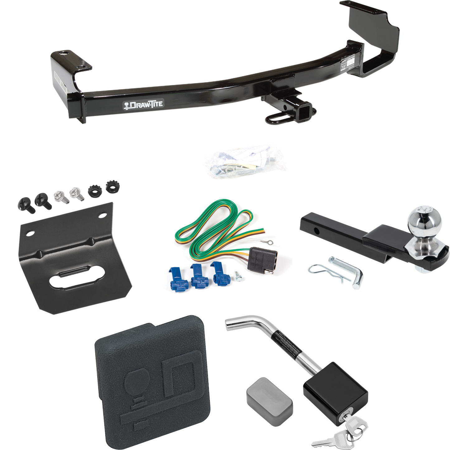 Fits 2004-2007 Dodge Grand Caravan Trailer Hitch Tow PKG w/ 4-Flat Wiring Harness + Interlock Starter Kit w/ 2" Ball 1-1/4" Drop 3/4" Rise + Wiring Bracket + Hitch Cover + Hitch Lock (Excludes: w/Stow & Go Seats Models) By Draw-Tite