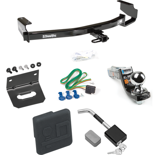 Fits 2004-2007 Dodge Caravan Trailer Hitch Tow PKG w/ 4-Flat Wiring Harness + Interlock Starter Kit w/ 2" Ball 2-1/2" Drop 2" Rise + Wiring Bracket + Hitch Cover + Hitch Lock (Excludes: w/Stow & Go Seats Models) By Draw-Tite