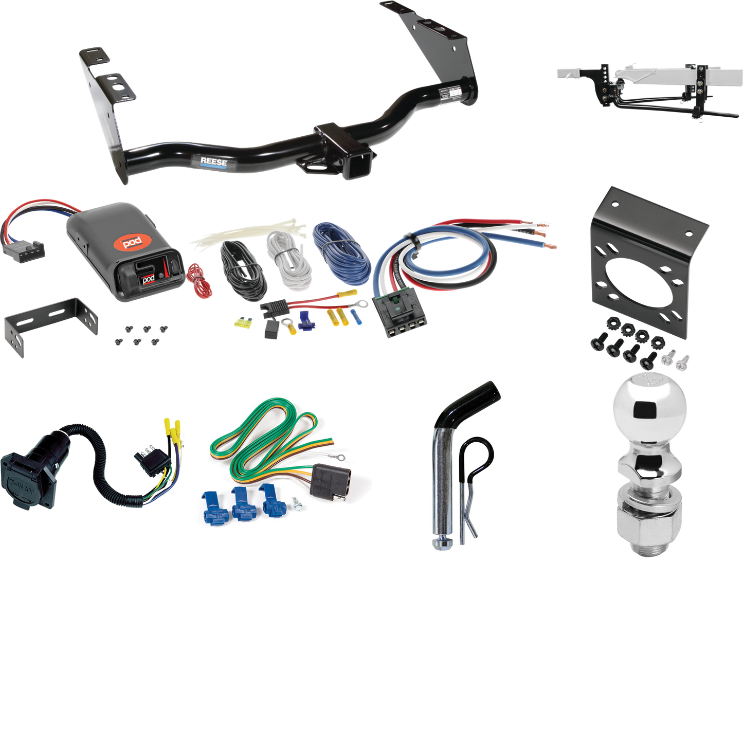 Fits 2004-2007 Dodge Grand Caravan Trailer Hitch Tow PKG w/ 6K Round Bar Weight Distribution Hitch w/ 2-5/16" Ball + 2" Ball + Pin/Clip + Pro Series POD Brake Control + Generic BC Wiring Adapter + 7-Way RV Wiring (Excludes: w/Stow & Go Seats Models)