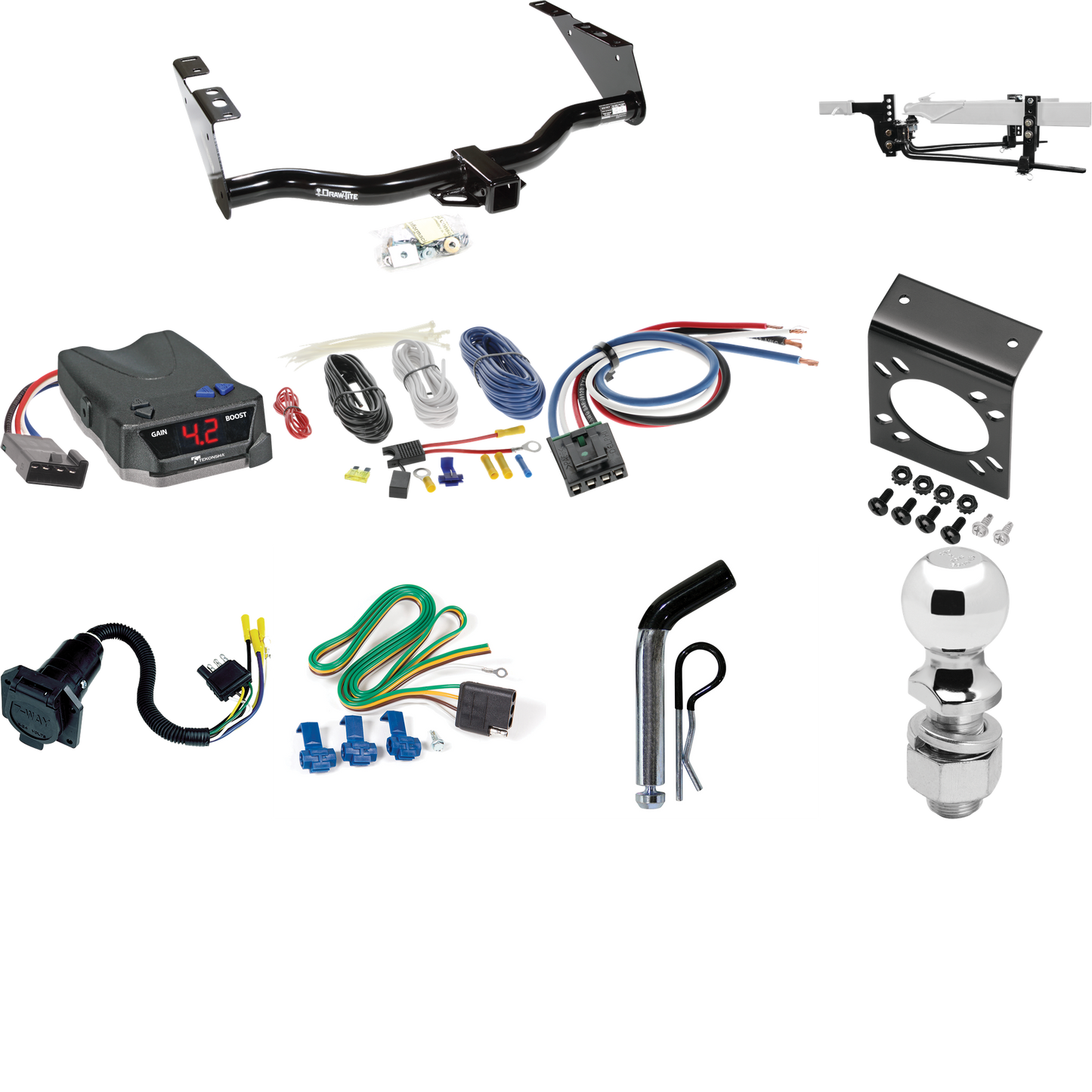 Fits 2004-2007 Dodge Caravan Trailer Hitch Tow PKG w/ 6K Round Bar Weight Distribution Hitch w/ 2-5/16" Ball + 2" Ball + Pin/Clip + Tekonsha BRAKE-EVN Brake Control + Generic BC Wiring Adapter + 7-Way RV Wiring (Excludes: w/Stow & Go Seats Models) By