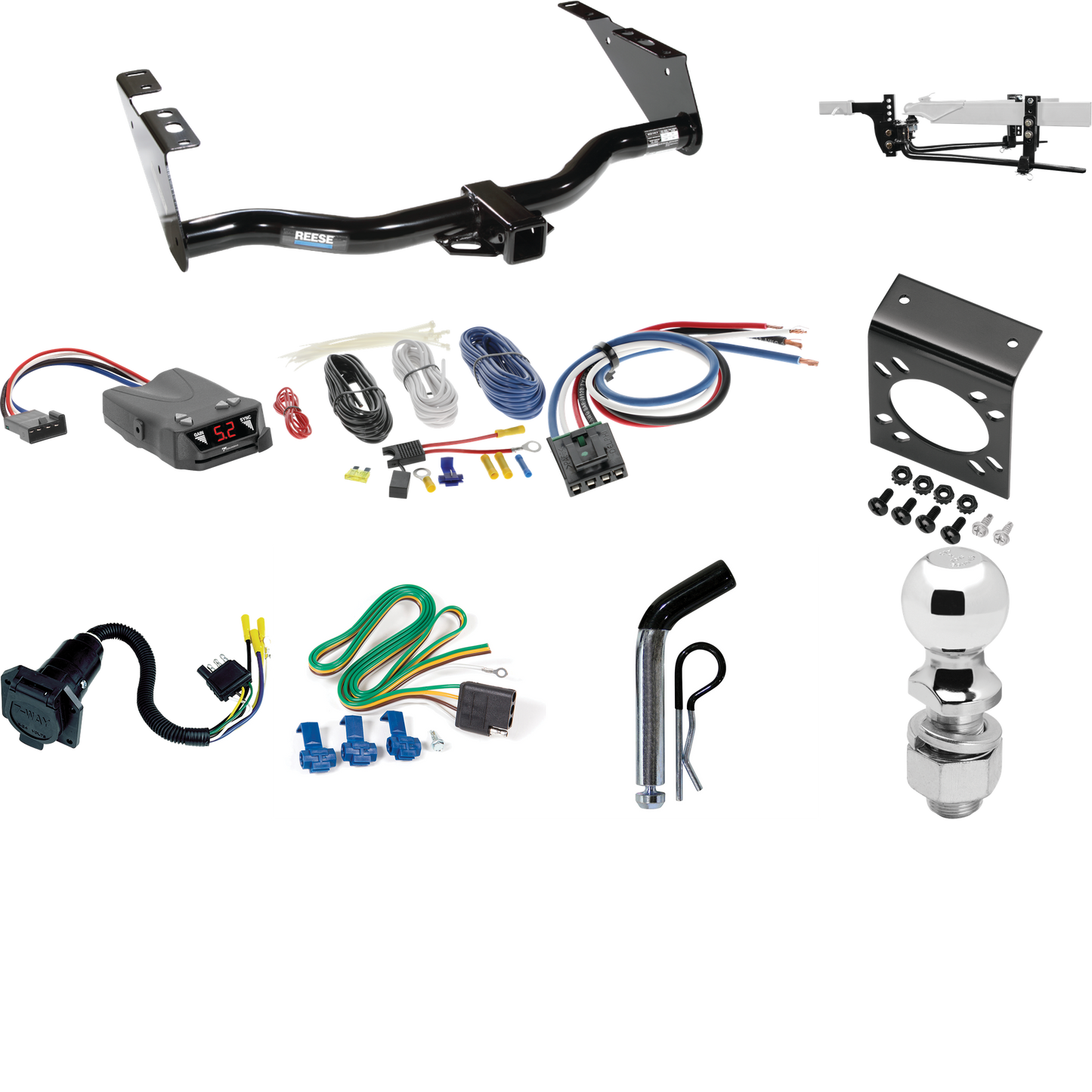 Fits 2004-2007 Dodge Caravan Trailer Hitch Tow PKG w/ 6K Round Bar Weight Distribution Hitch w/ 2-5/16" Ball + 2" Ball + Pin/Clip + Tekonsha Brakeman IV Brake Control + Generic BC Wiring Adapter + 7-Way RV Wiring (Excludes: w/Stow & Go Seats Models)