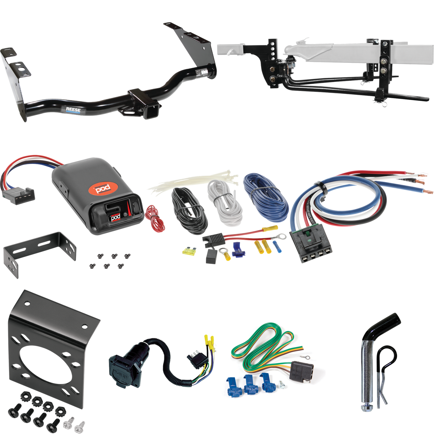 Fits 2004-2007 Dodge Grand Caravan Trailer Hitch Tow PKG w/ 6K Round Bar Weight Distribution Hitch w/ 2-5/16" Ball + Pin/Clip + Pro Series POD Brake Control + Generic BC Wiring Adapter + 7-Way RV Wiring (Excludes: w/Stow & Go Seats Models) By Reese T