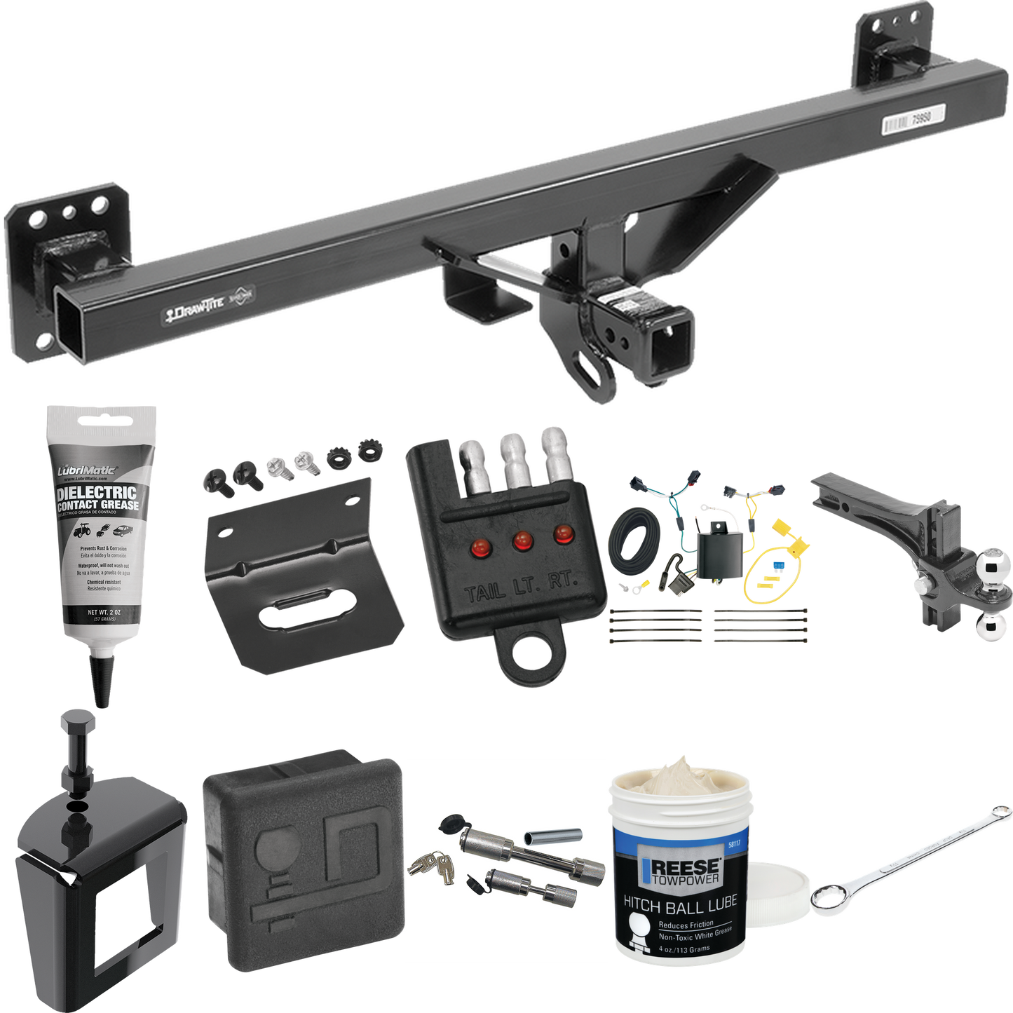 Fits 2011-2017 Volkswagen Touareg Trailer Hitch Tow PKG w/ 4-Flat Wiring + Dual Adjustable Drop Rise Ball Ball Mount 2" & 2-5/16" Trailer Balls + Wiring Bracket + Hitch Cover + Dual Hitch & Coupler Locks + Wiring Tester + Ball Lube + Electric Grease