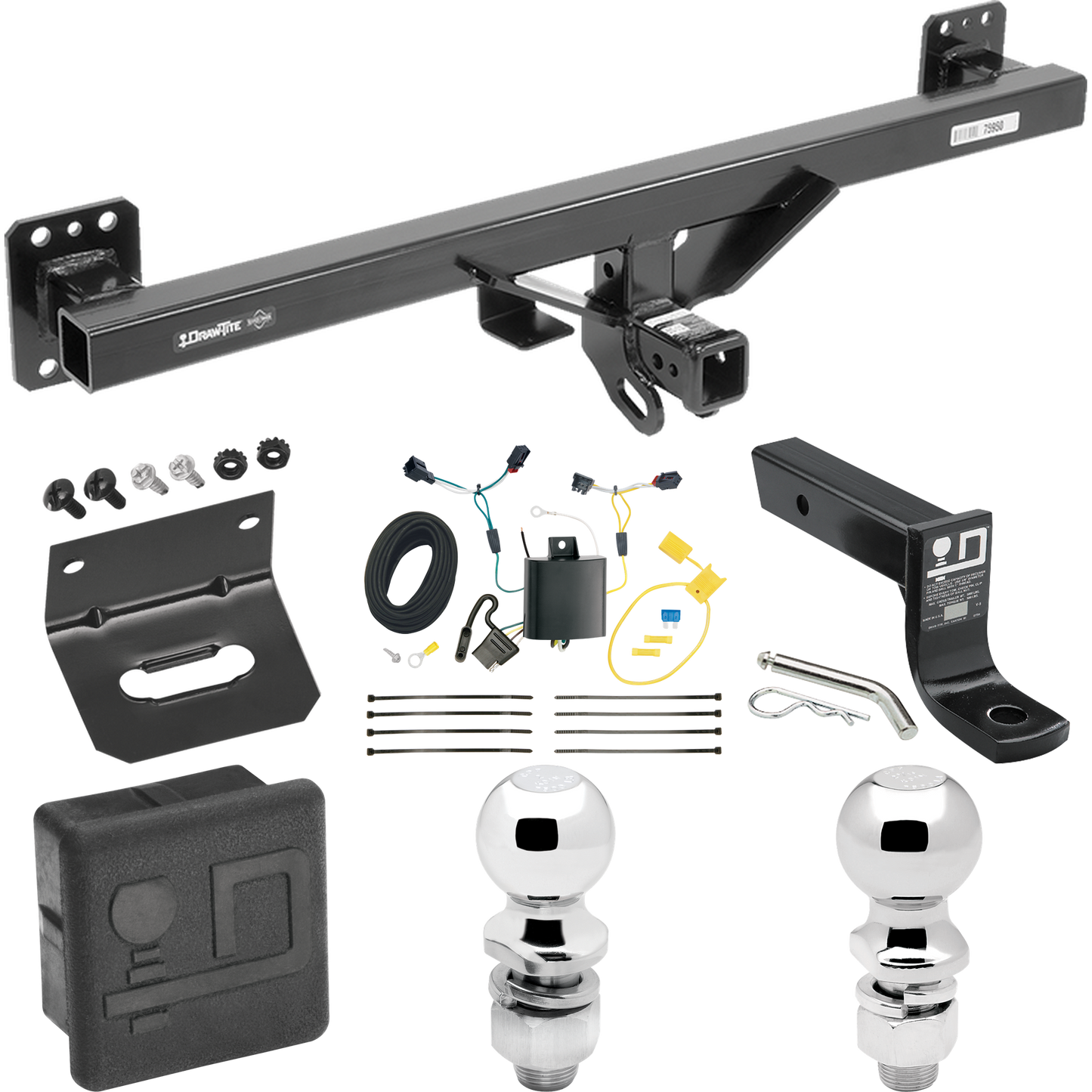 Se adapta al paquete de enganche de remolque Volkswagen Touareg 2011-2017 con cableado plano de 4 + soporte de bola con caída de 4" + bola de 2" + bola de 2-5/16" + soporte de cableado + cubierta de enganche de Draw-Tite