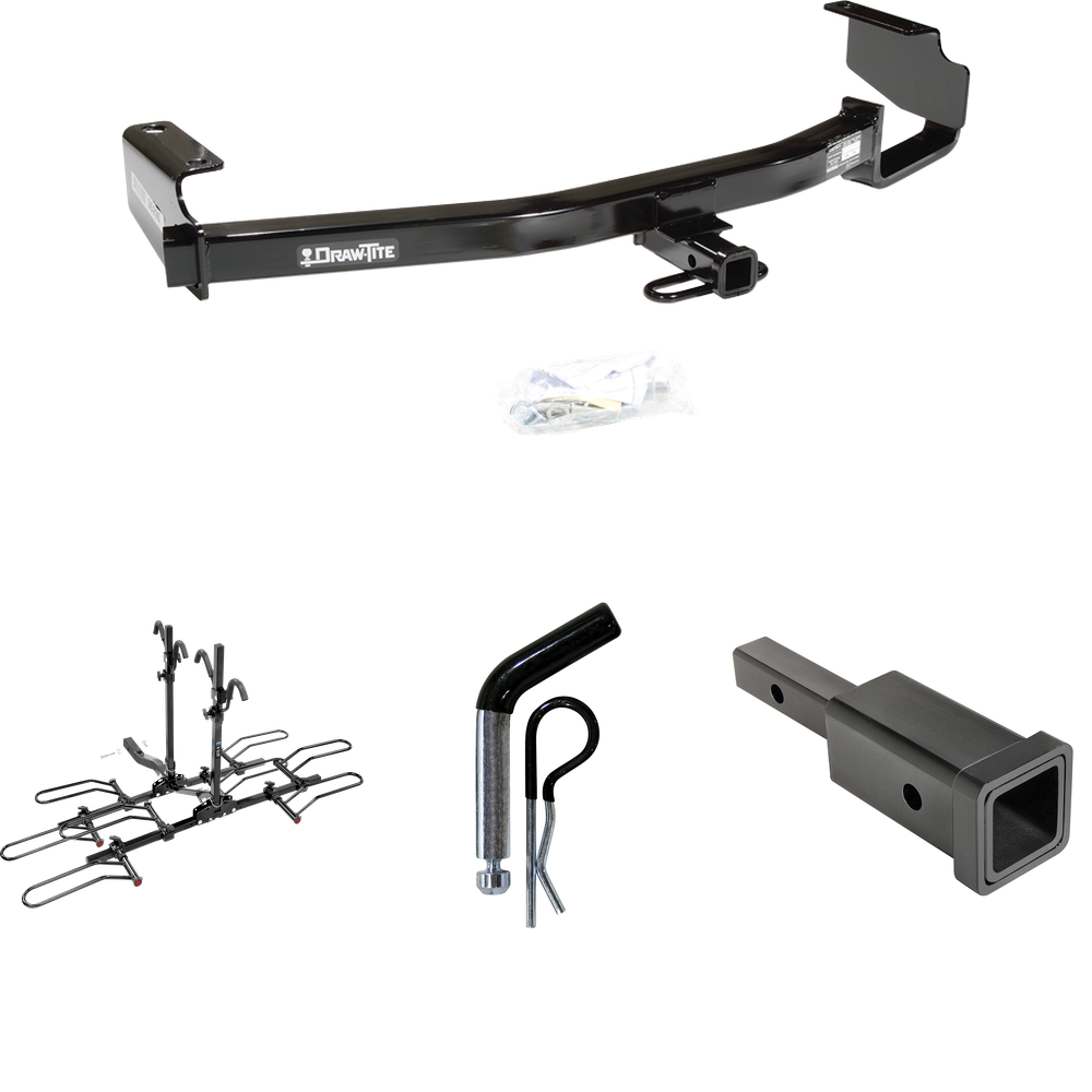 Fits 1996-2000 Plymouth Voyager Trailer Hitch Tow PKG w/ Hitch Adapter 1-1/4" to 2" Receiver + 1/2" Pin & Clip + 4 Bike Carrier Platform Rack By Draw-Tite