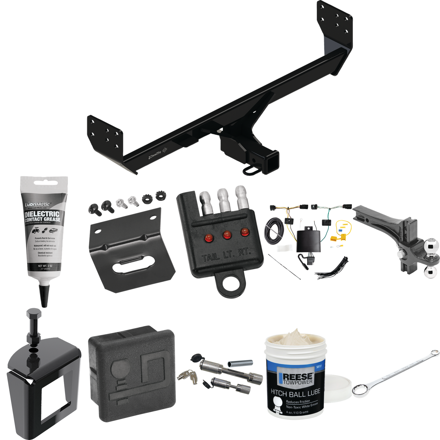 Fits 2021-2023 Genesis GV80 Trailer Hitch Tow PKG w/ 4-Flat Wiring + Dual Adjustable Drop Rise Ball Ball Mount 2" & 2-5/16" Trailer Balls + Wiring Bracket + Hitch Cover + Dual Hitch & Coupler Locks + Wiring Tester + Ball Lube + Electric Grease + Ball