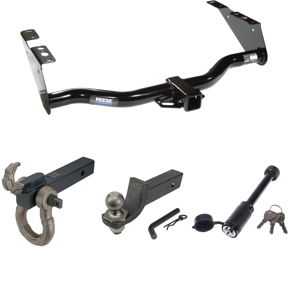 Se adapta al paquete de enganche de remolque Plymouth Voyager 1996-2000 + kit de inicio táctico de enclavamiento con caída de 2" y bola de 2" + gancho táctico y soporte de grillete + bloqueo táctico de hueso de perro de Reese Towpower