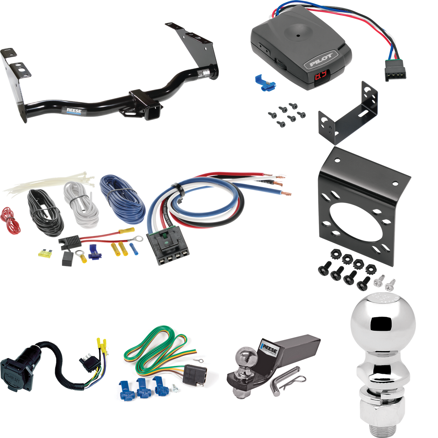 Fits 2004-2007 Dodge Grand Caravan Trailer Hitch Tow PKG w/ Pro Series Pilot Brake Control + Generic BC Wiring Adapter + 7-Way RV Wiring + 2" & 2-5/16" Ball & Drop Mount (Excludes: w/Stow & Go Seats Models) By Reese Towpower