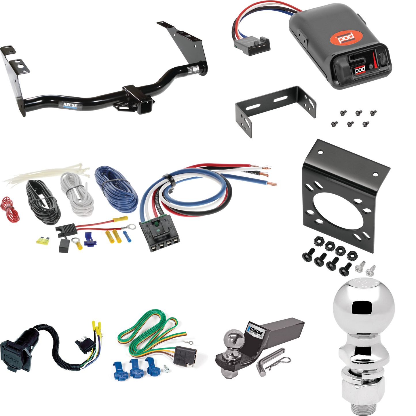 Fits 2004-2007 Dodge Grand Caravan Trailer Hitch Tow PKG w/ Pro Series POD Brake Control + Generic BC Wiring Adapter + 7-Way RV Wiring + 2" & 2-5/16" Ball & Drop Mount (Excludes: w/Stow & Go Seats Models) By Reese Towpower