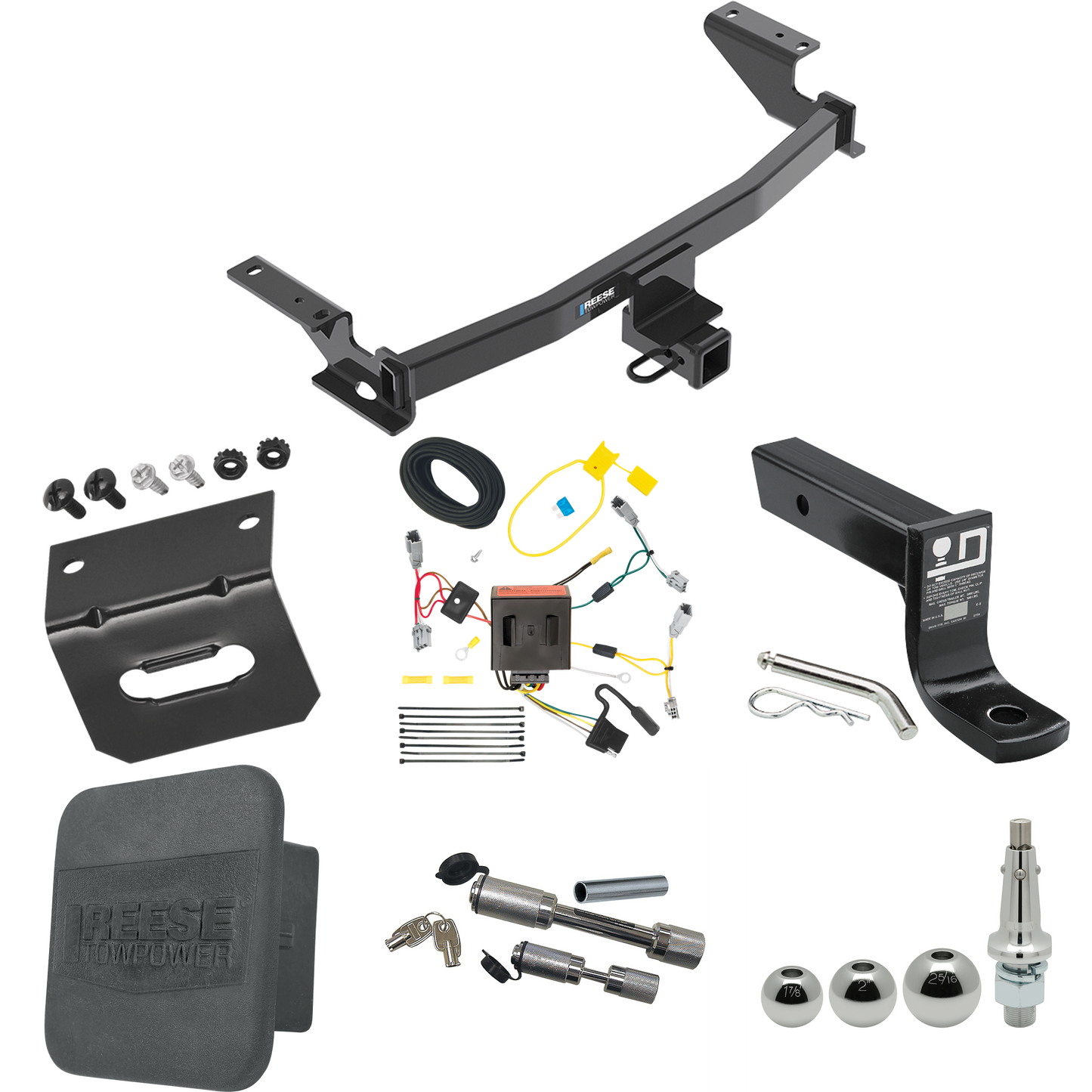 Fits 2013-2016 Mazda CX-5 Trailer Hitch Tow PKG w/ 4-Flat Wiring + Ball Mount w/ 4" Drop + Interchangeable Ball 1-7/8" & 2" & 2-5/16" + Wiring Bracket + Dual Hitch & Coupler Locks + Hitch Cover By Reese Towpower