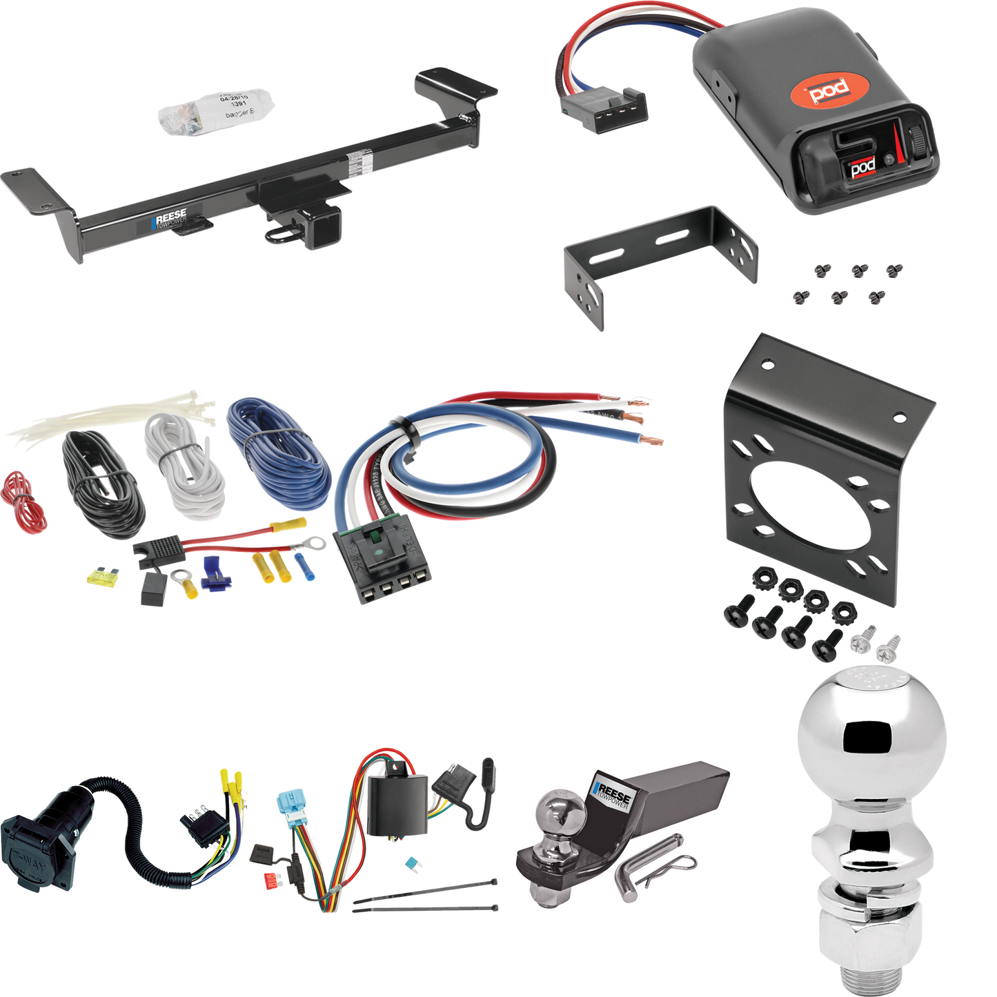 Se adapta al paquete de enganche de remolque Acura RDX 2007-2009 con control de freno POD serie Pro + adaptador de cableado BC genérico + cableado RV de 7 vías + soporte de bola y caída de 2" y 2-5/16" de Reese Towpower