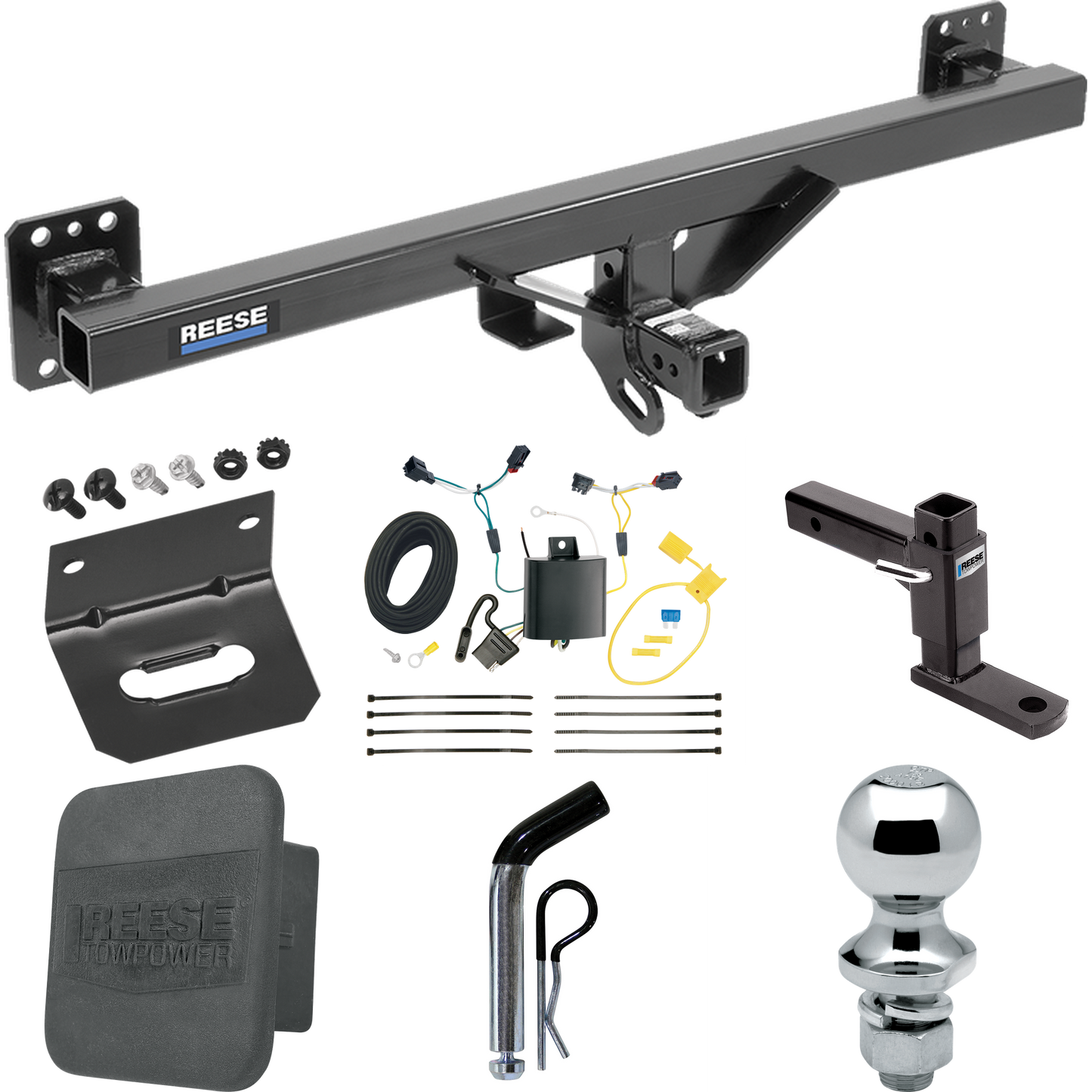 Fits 2011-2017 Volkswagen Touareg Trailer Hitch Tow PKG w/ 4-Flat Wiring + Adjustable Drop Rise Ball Mount + Pin/Clip + 1-7/8" Ball + Wiring Bracket + Hitch Cover By Reese Towpower