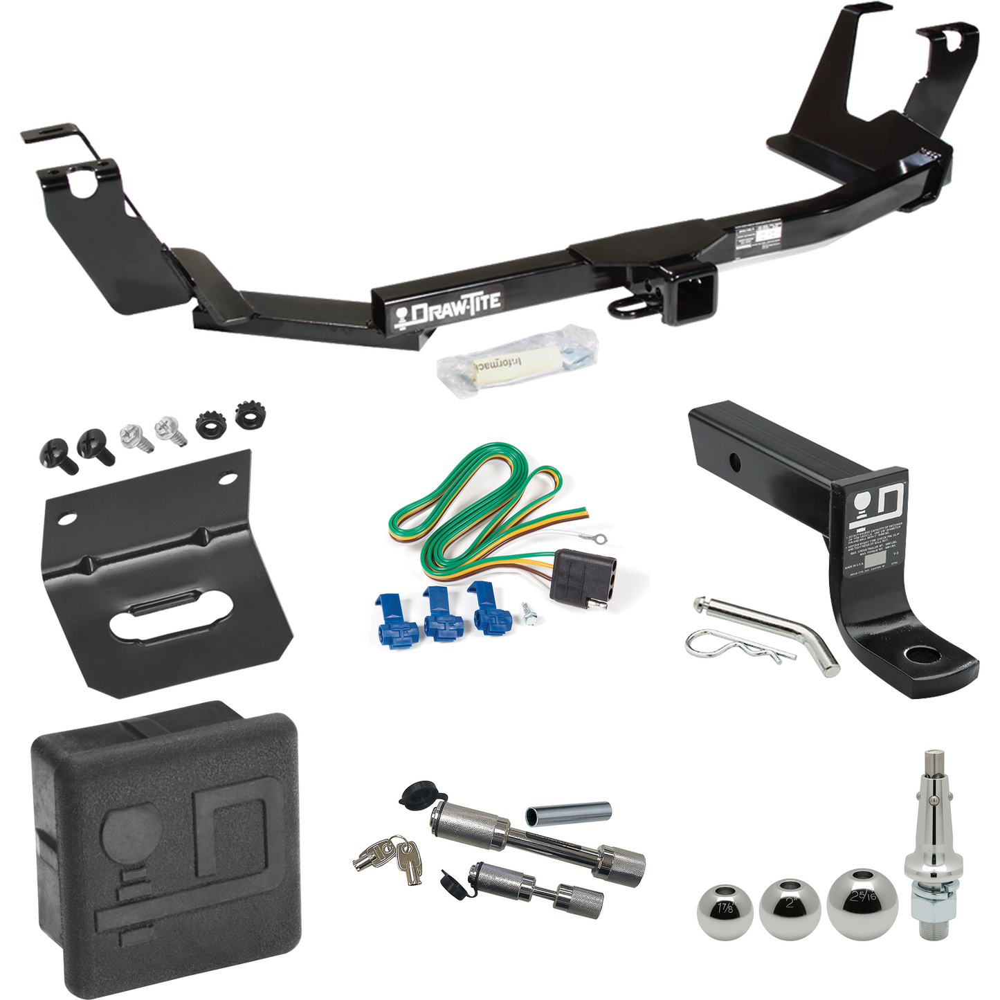 Fits 2005-2007 Dodge Grand Caravan Trailer Hitch Tow PKG w/ 4-Flat Wiring + Ball Mount w/ 4" Drop + Interchangeable Ball 1-7/8" & 2" & 2-5/16" + Wiring Bracket + Dual Hitch & Coupler Locks + Hitch Cover (For w/Stow & Go Seats Models) By Draw-Tite