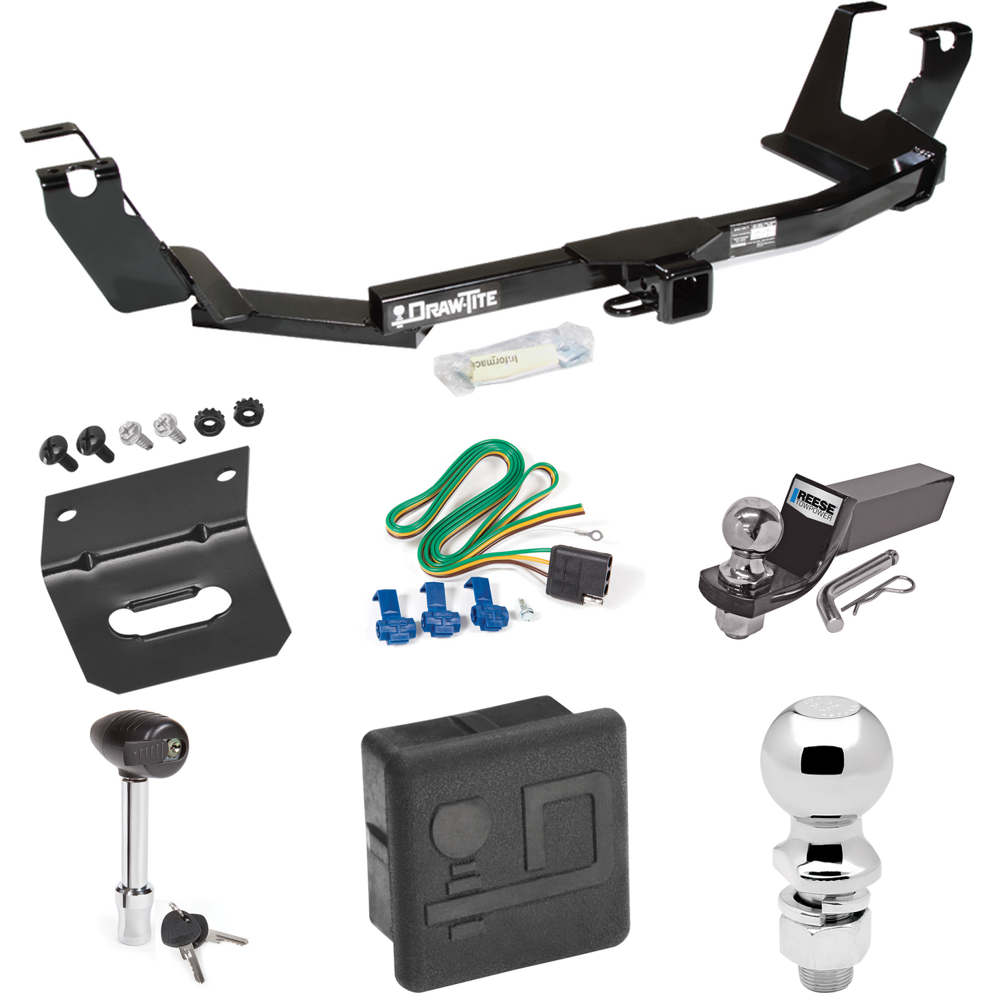 Fits 2005-2007 Chrysler Town & Country Trailer Hitch Tow PKG w/ 4-Flat Wiring + Starter Kit Ball Mount w/ 2" Drop & 2" Ball + 2-5/16" Ball + Wiring Bracket + Hitch Lock + Hitch Cover (For w/Stow & Go Seats Models) By Draw-Tite