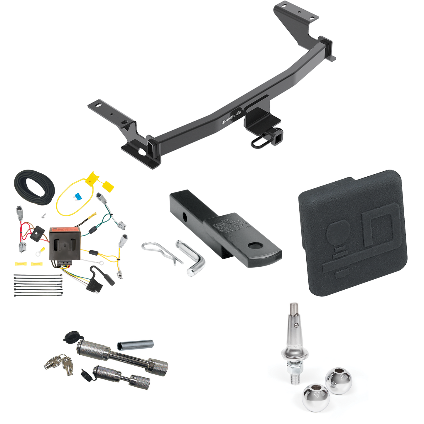 Fits 2013-2016 Mazda CX-5 Trailer Hitch Tow PKG w/ 4-Flat Wiring Harness + Draw-Bar + Interchangeable 1-7/8" & 2" Balls + Hitch Cover + Dual Hitch & Coupler Locks By Draw-Tite