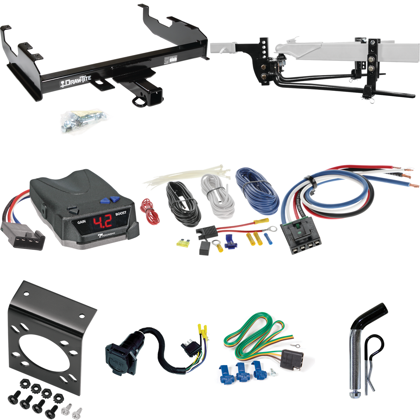 Fits 1971-1973 International 1010 Trailer Hitch Tow PKG w/ 11.5K Round Bar Weight Distribution Hitch w/ 2-5/16" Ball + Pin/Clip + Tekonsha BRAKE-EVN Brake Control + Generic BC Wiring Adapter + 7-Way RV Wiring By Draw-Tite