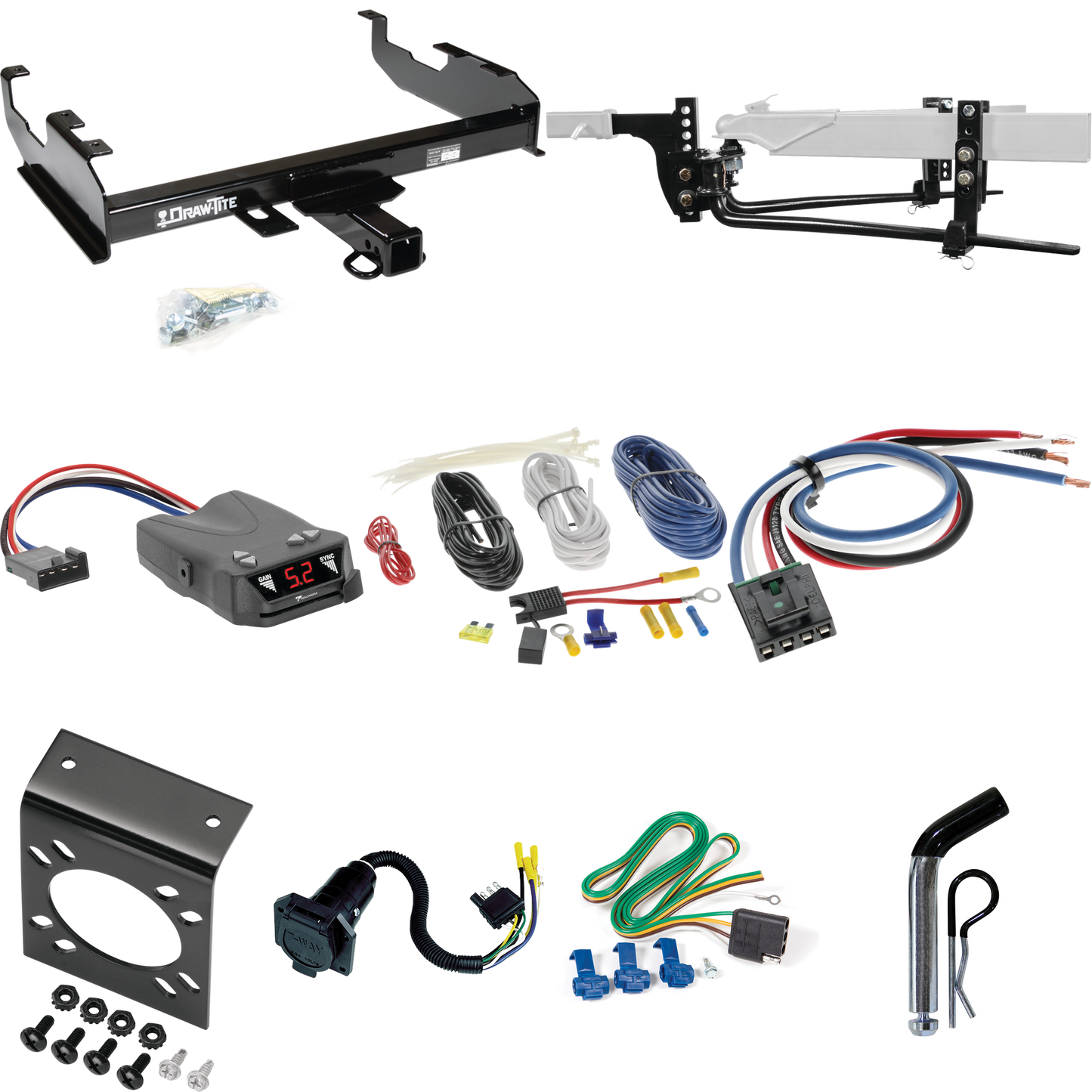 Fits 1963-1966 GMC 3500 Trailer Hitch Tow PKG w/ 11.5K Round Bar Weight Distribution Hitch w/ 2-5/16" Ball + Pin/Clip + Tekonsha Brakeman IV Brake Control + Generic BC Wiring Adapter + 7-Way RV Wiring (For w/8' Bed Models) By Draw-Tite