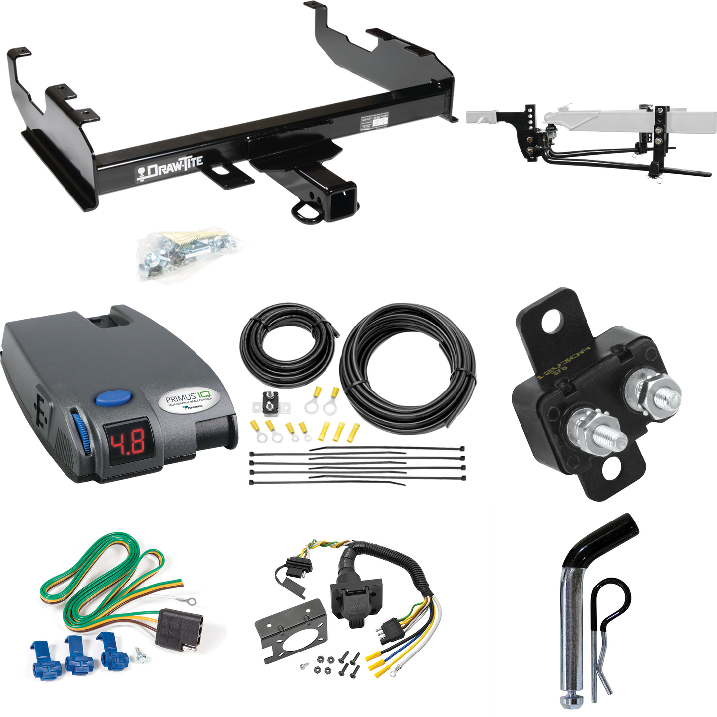 Fits 1969-1970 International 1000D Trailer Hitch Tow PKG w/ 11.5K Round Bar Weight Distribution Hitch w/ 2-5/16" Ball + Pin/Clip + Tekonsha Primus IQ Brake Control + 7-Way RV Wiring By Draw-Tite