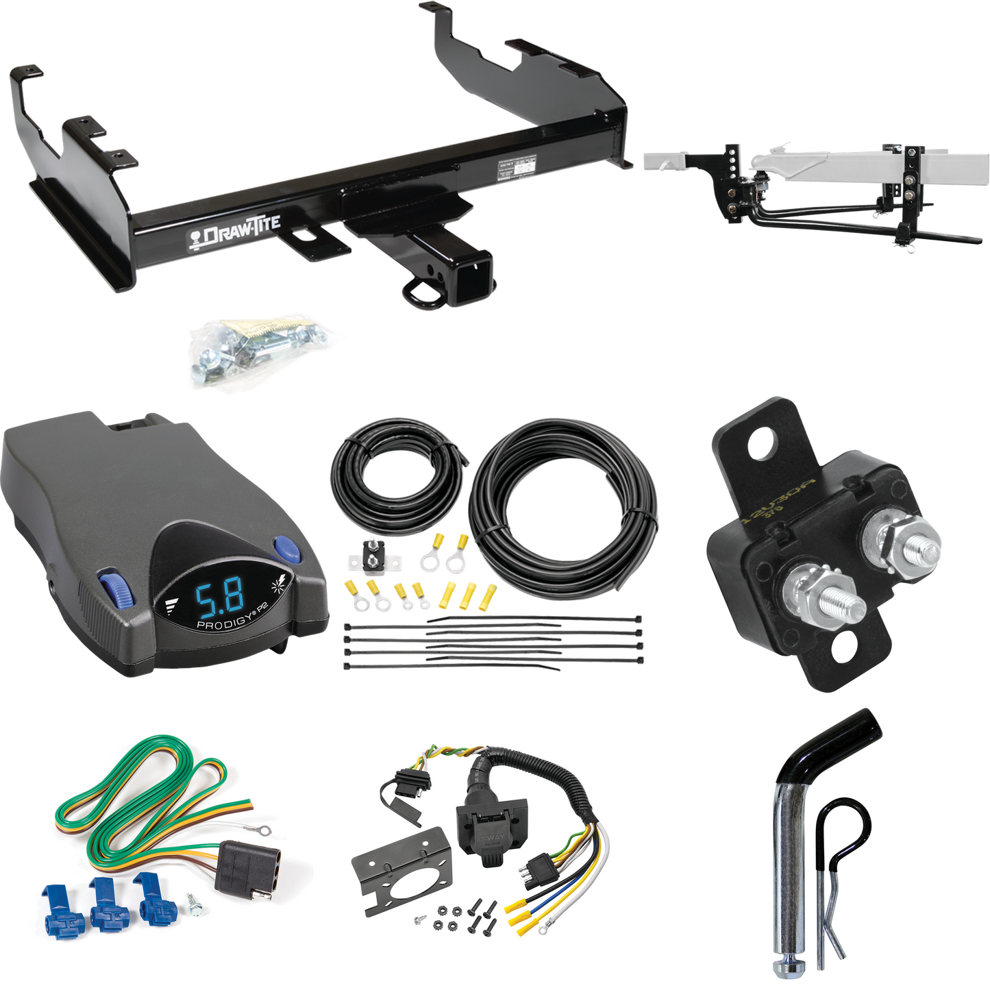 Fits 1969-1970 International 1300D Trailer Hitch Tow PKG w/ 11.5K Round Bar Weight Distribution Hitch w/ 2-5/16" Ball + Pin/Clip + Tekonsha Prodigy P2 Brake Control + 7-Way RV Wiring By Draw-Tite