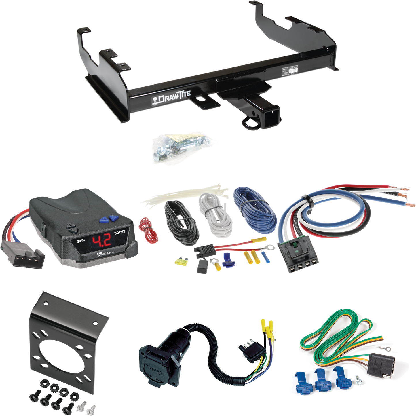 Fits 1969-1970 International 1300D Trailer Hitch Tow PKG w/ Tekonsha BRAKE-EVN Brake Control + Generic BC Wiring Adapter + 7-Way RV Wiring By Draw-Tite