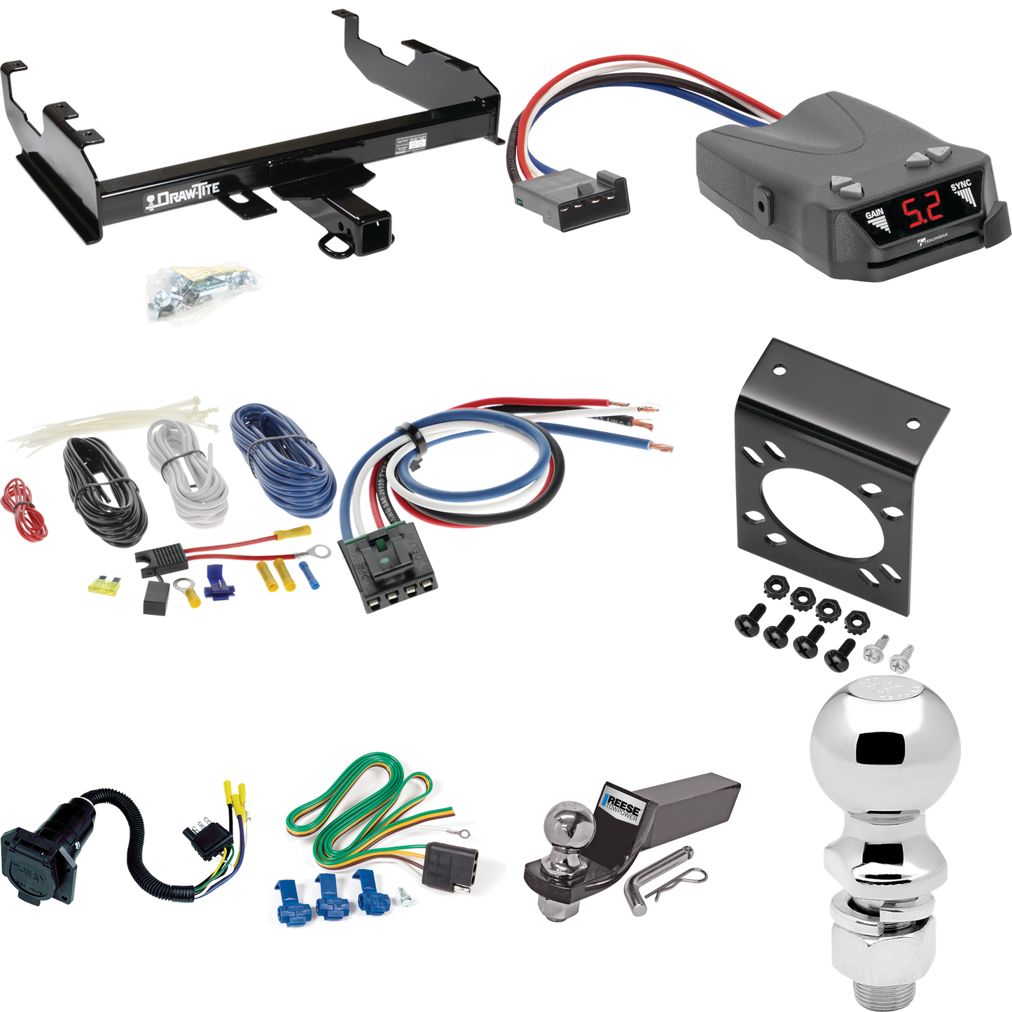 Se adapta al paquete de enganche de remolque International 1200D 1969-1970 con control de freno Tekonsha Brakeman IV + adaptador de cableado BC genérico + cableado RV de 7 vías + soporte de bola y caída de 2" y 2-5/16" de Draw-Tite