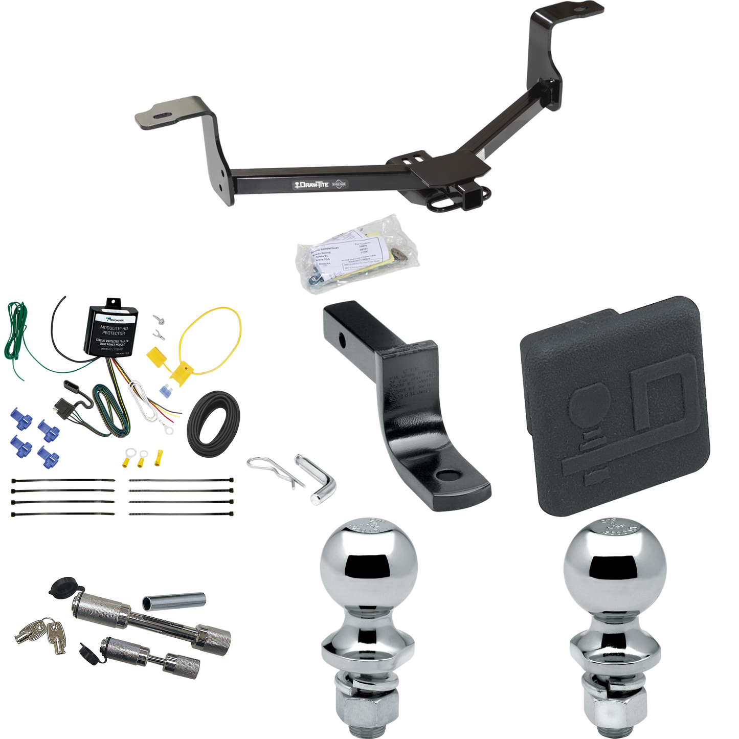 Fits 2013-2015 Honda Accord Trailer Hitch Tow PKG w/ 4-Flat Wiring Harness + Draw-Bar + 1-7/8" + 2" Ball + Hitch Cover + Dual Hitch & Coupler Locks (For Sedan, w/LED Taillights Models) By Draw-Tite