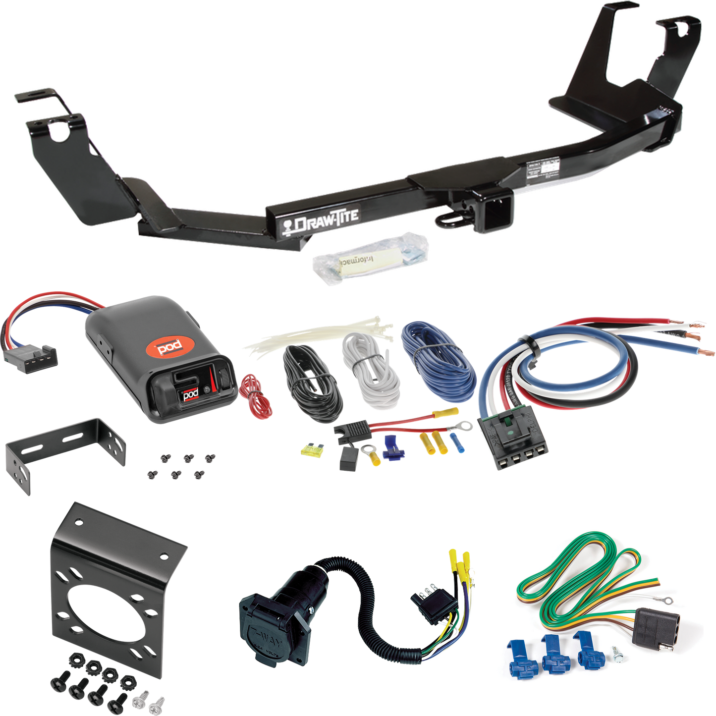 Fits 2005-2007 Dodge Grand Caravan Trailer Hitch Tow PKG w/ Pro Series POD Brake Control + Generic BC Wiring Adapter + 7-Way RV Wiring (For w/Stow & Go Seats Models) By Draw-Tite