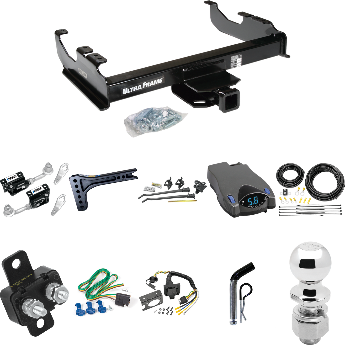 Fits 1963-1965 GMC 1000 Series Trailer Hitch Tow PKG w/ 15K Trunnion Bar Weight Distribution Hitch + Pin/Clip + Dual Cam Sway Control + 2-5/16" Ball + Tekonsha Prodigy P2 Brake Control + 7-Way RV Wiring By Draw-Tite