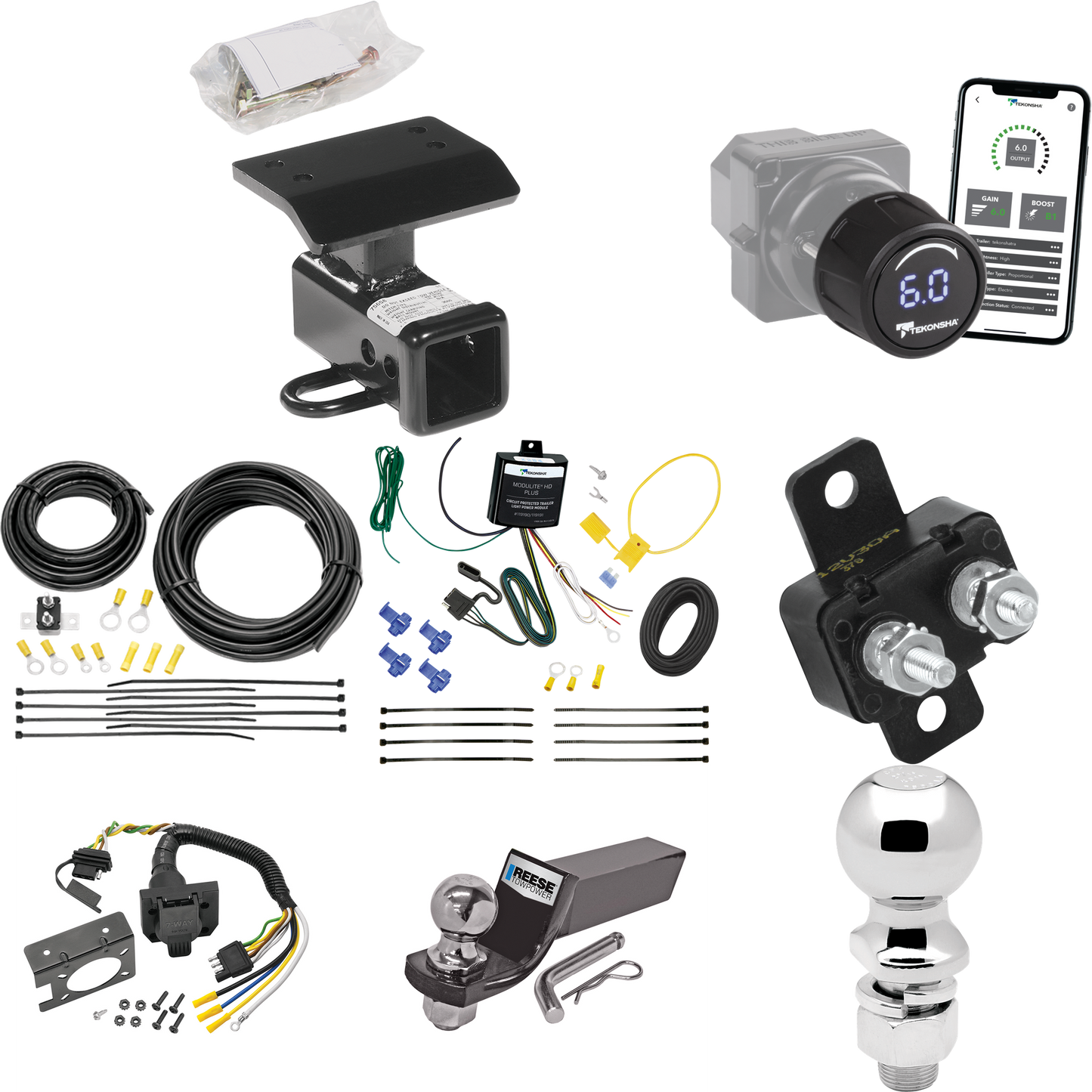 Se adapta al paquete de enganche de remolque Volkswagen Tiguan 2009-2011 con control de freno inalámbrico Bluetooth Tekonsha Prodigy iD + cableado RV de 7 vías + soporte de bola y caída de 2" y 2-5/16" de Reese Towpower