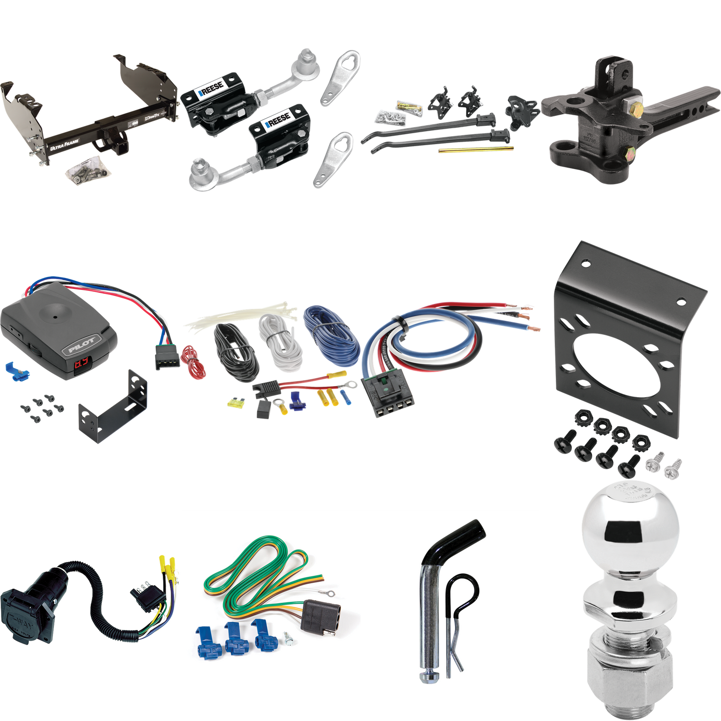 Fits 2011-2012 RAM 4500 Trailer Hitch Tow PKG w/ 17K Trunnion Bar Weight Distribution Hitch + Pin/Clip + Dual Cam Sway Control + 2-5/16" Ball + Pro Series Pilot Brake Control + Generic BC Wiring Adapter + 7-Way RV Wiring (For Cab & Chassis, w/34" Wid