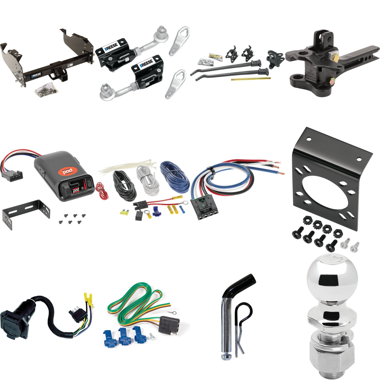 Fits 2011-2012 RAM 4500 Trailer Hitch Tow PKG w/ 17K Trunnion Bar Weight Distribution Hitch + Pin/Clip + Dual Cam Sway Control + 2-5/16" Ball + Pro Series POD Brake Control + Generic BC Wiring Adapter + 7-Way RV Wiring (For Cab & Chassis, w/34" Wide