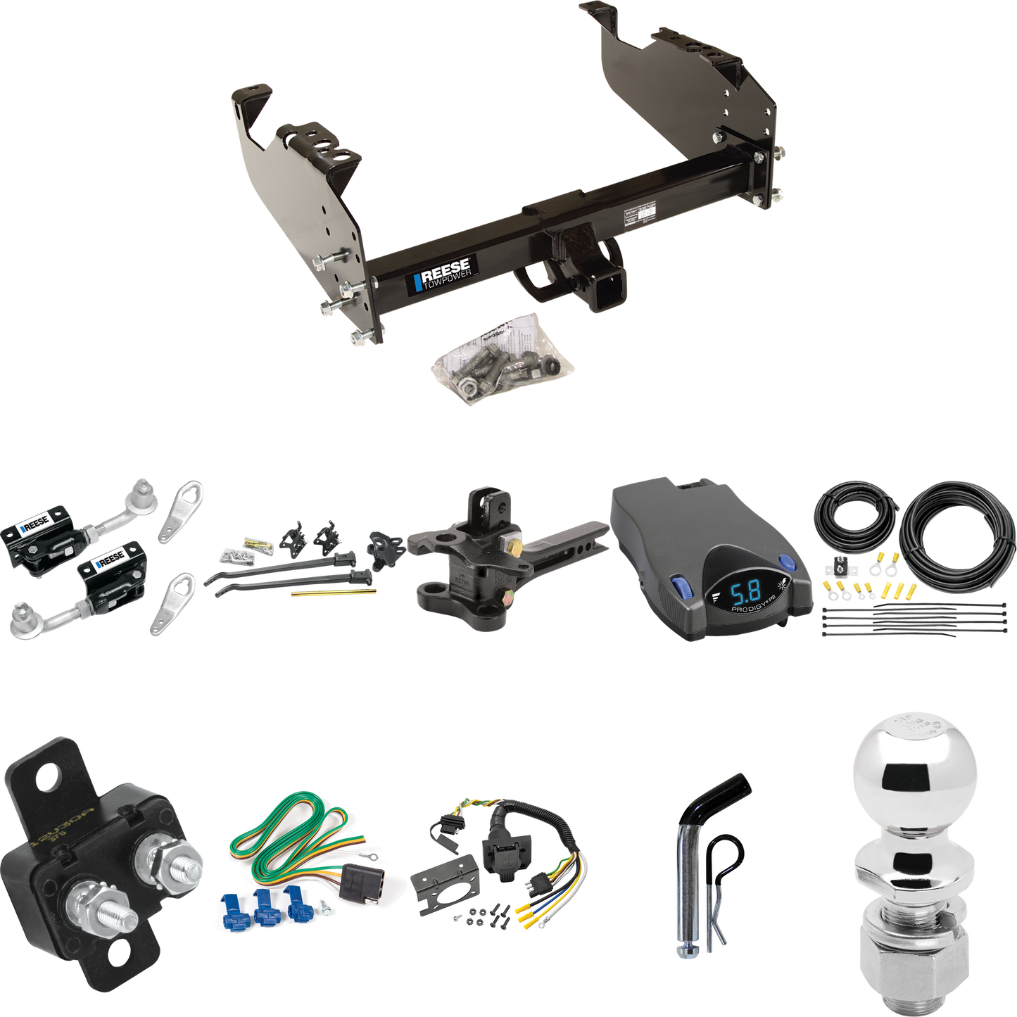 Fits 2011-2012 RAM 5500 Trailer Hitch Tow PKG w/ 17K Trunnion Bar Weight Distribution Hitch + Pin/Clip + Dual Cam Sway Control + 2-5/16" Ball + Tekonsha Prodigy P2 Brake Control + 7-Way RV Wiring (For Cab & Chassis, w/34" Wide Frames Models) By Reese