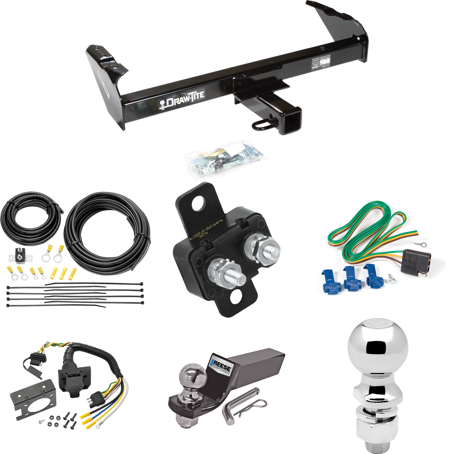 Se adapta al paquete de enganche de remolque International 1210 de 1971-1973 con cableado de 7 vías para vehículos recreativos + bola de 2" y 2-5/16" + soporte de caída de Draw-Tite