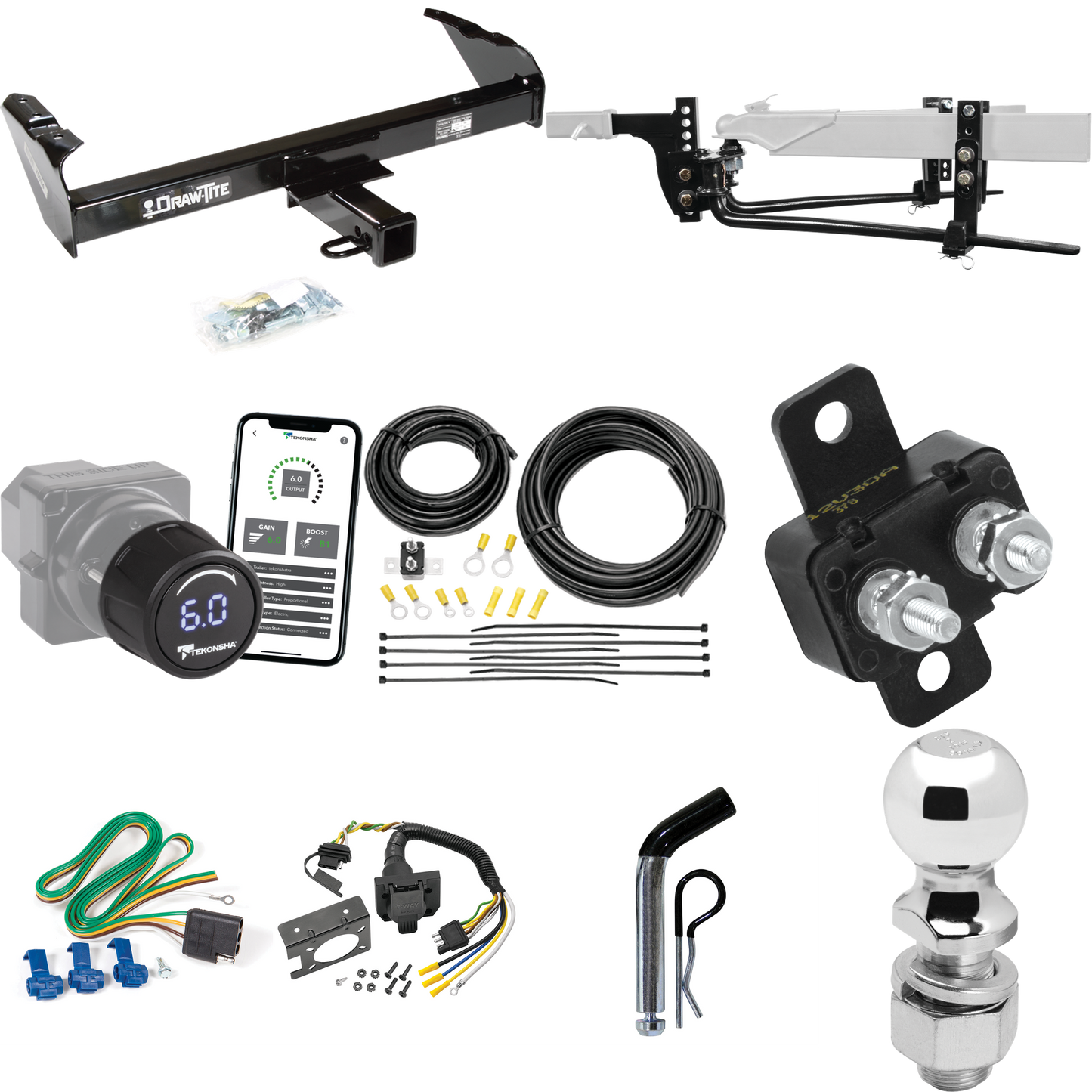 Fits 1969-1970 International 1300D Trailer Hitch Tow PKG w/ 8K Round Bar Weight Distribution Hitch w/ 2-5/16" Ball + 2" Ball + Pin/Clip + Tekonsha Prodigy iD Bluetooth Wireless Brake Control + 7-Way RV Wiring By Draw-Tite