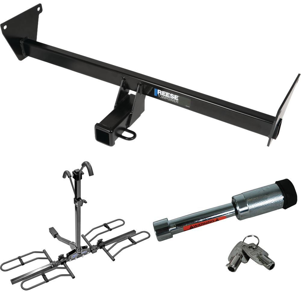 Fits 2023-2023 Mazda CX-50 Trailer Hitch Tow PKG w/ 2 Bike Plaform Style Carrier Rack + Hitch Lock By Reese Towpower