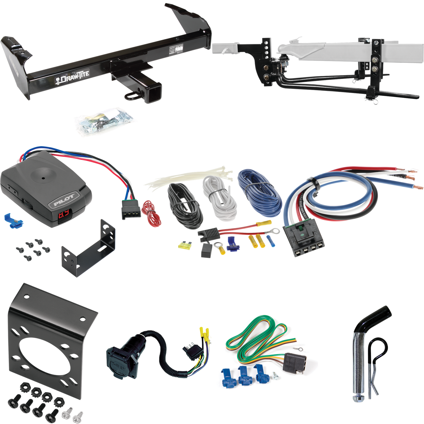 Fits 1974-1975 International 200 Trailer Hitch Tow PKG w/ 8K Round Bar Weight Distribution Hitch w/ 2-5/16" Ball + Pin/Clip + Pro Series Pilot Brake Control + Generic BC Wiring Adapter + 7-Way RV Wiring By Draw-Tite