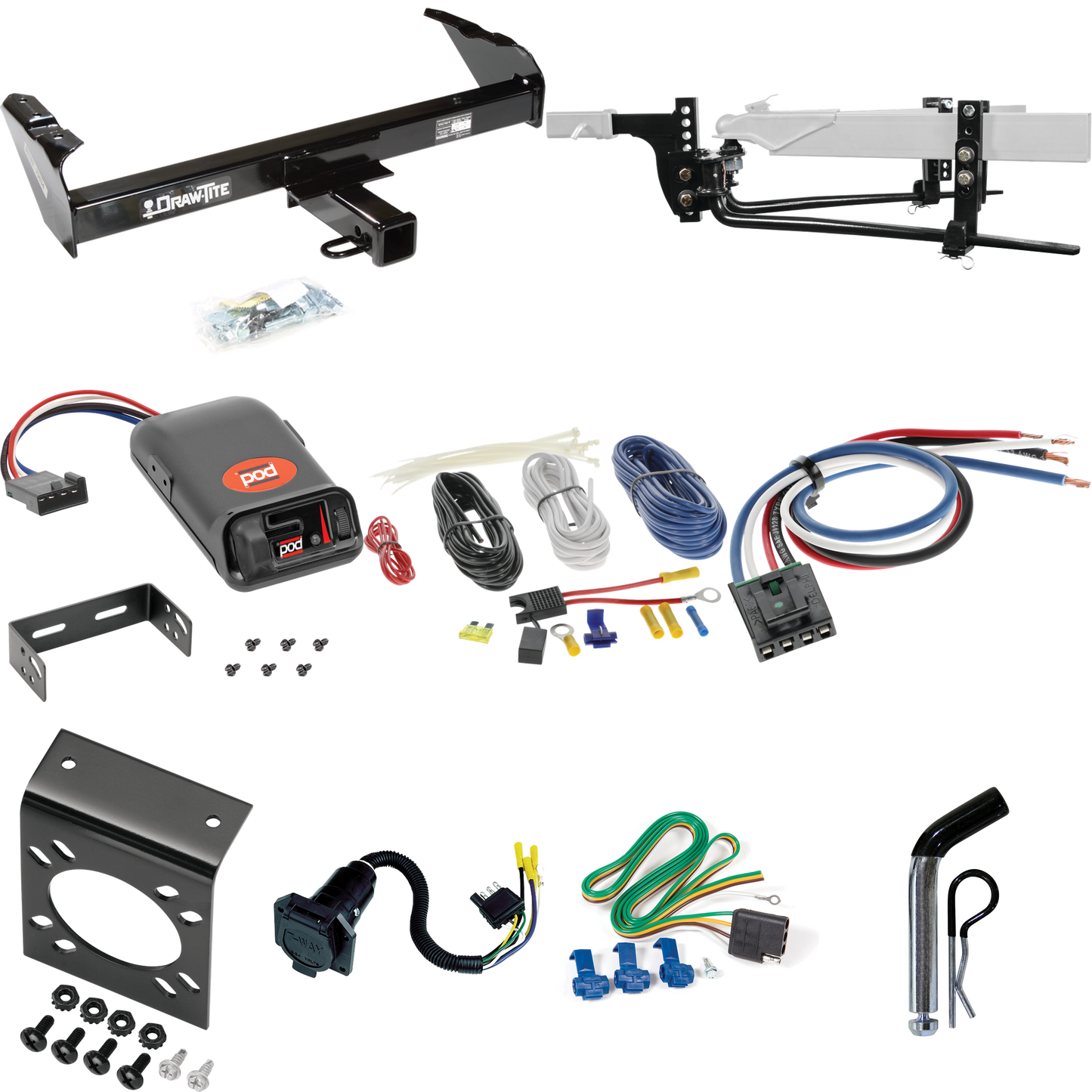 Fits 1969-1971 International 1500D Trailer Hitch Tow PKG w/ 8K Round Bar Weight Distribution Hitch w/ 2-5/16" Ball + Pin/Clip + Pro Series POD Brake Control + Generic BC Wiring Adapter + 7-Way RV Wiring By Draw-Tite