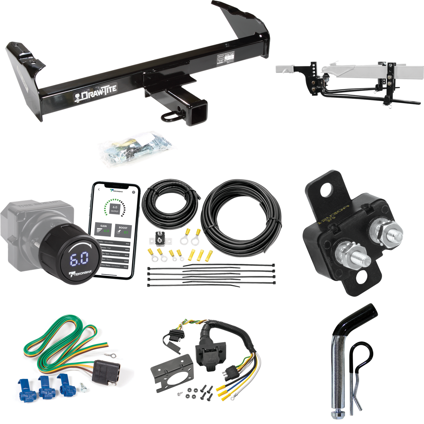 Fits 1971-1973 International 1310 Trailer Hitch Tow PKG w/ 8K Round Bar Weight Distribution Hitch w/ 2-5/16" Ball + Pin/Clip + Tekonsha Prodigy iD Bluetooth Wireless Brake Control + 7-Way RV Wiring By Draw-Tite