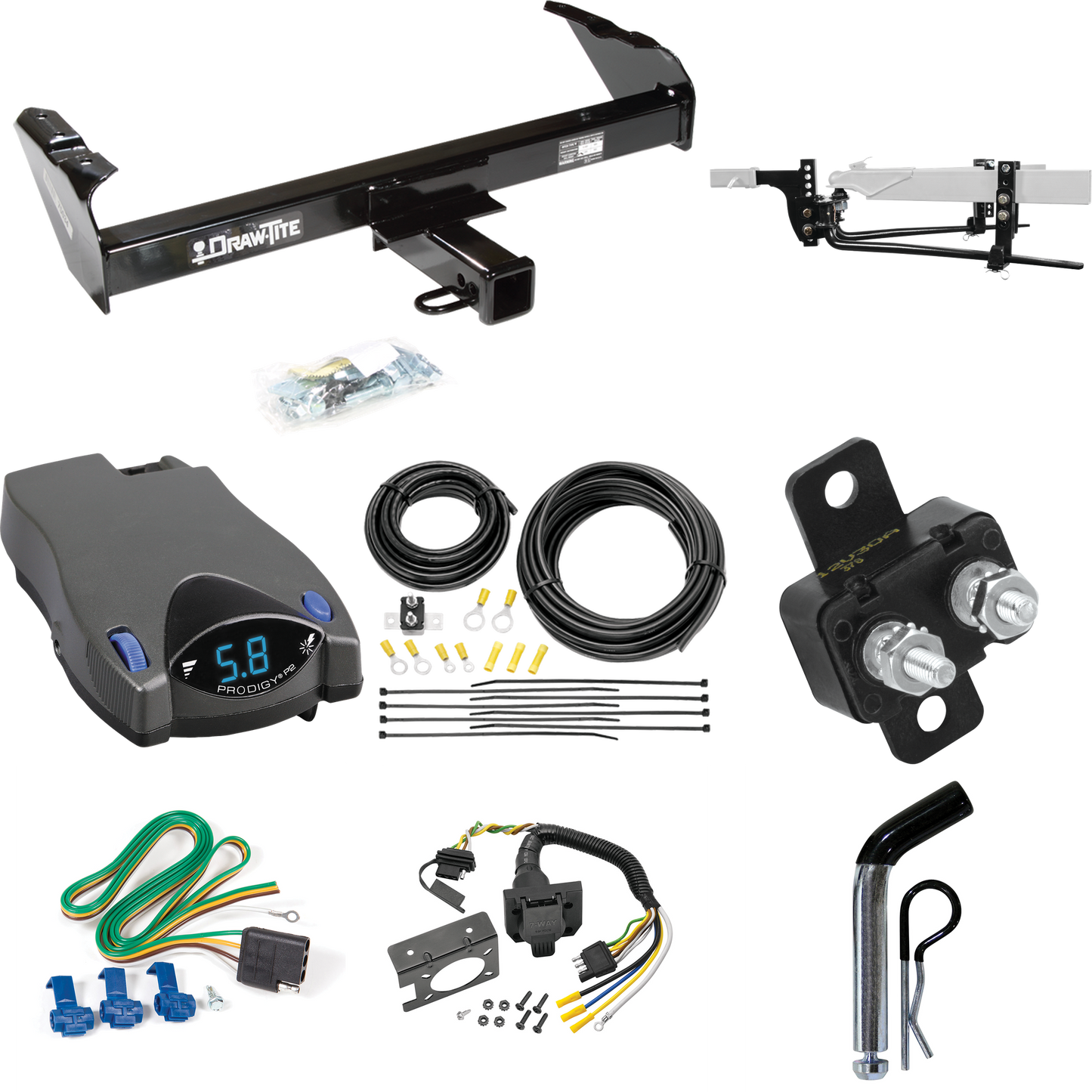 Fits 1969-1970 International 1100D Trailer Hitch Tow PKG w/ 8K Round Bar Weight Distribution Hitch w/ 2-5/16" Ball + Pin/Clip + Tekonsha Prodigy P2 Brake Control + 7-Way RV Wiring By Draw-Tite