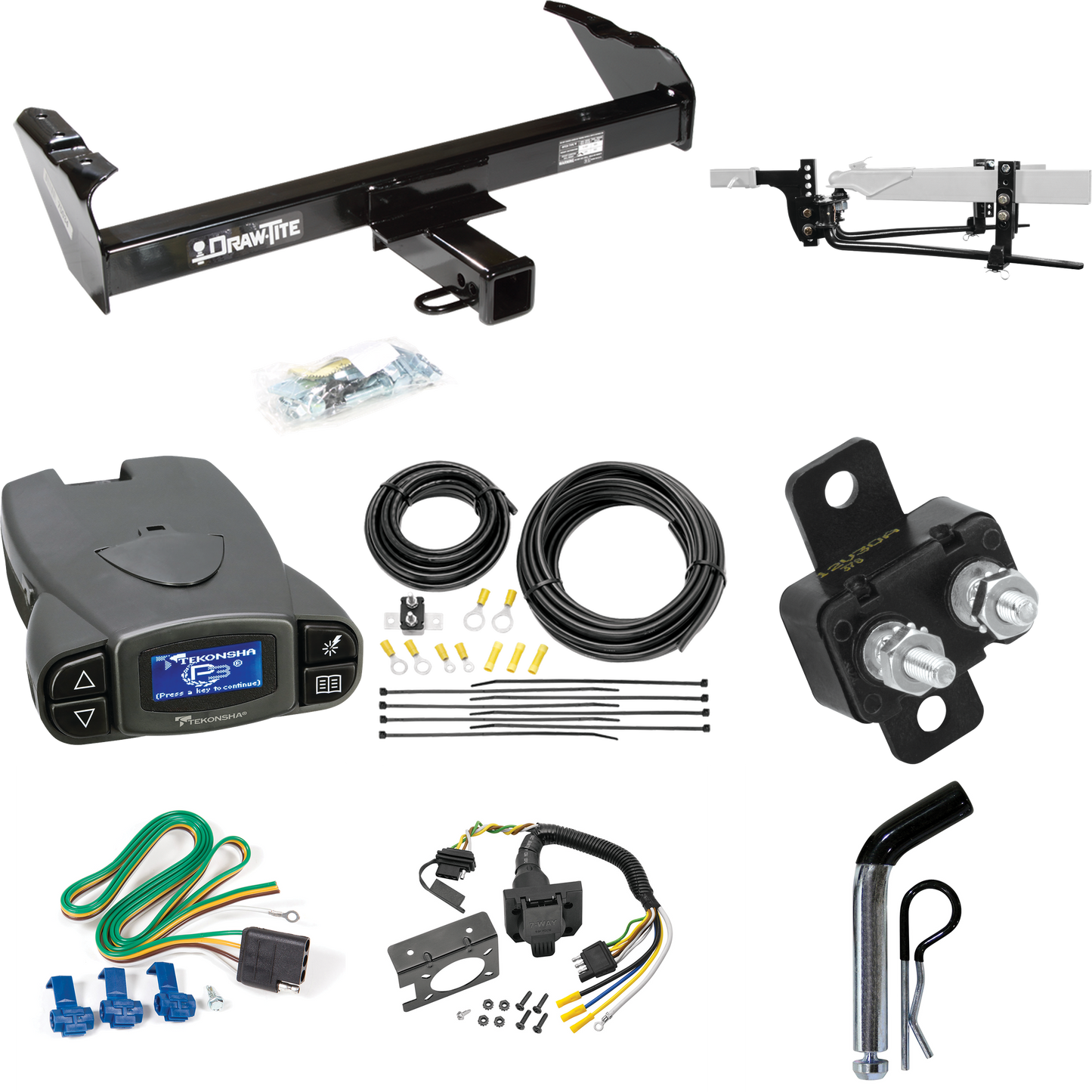 Fits 1969-1970 International 1000D Trailer Hitch Tow PKG w/ 8K Round Bar Weight Distribution Hitch w/ 2-5/16" Ball + Pin/Clip + Tekonsha Prodigy P3 Brake Control + 7-Way RV Wiring By Draw-Tite